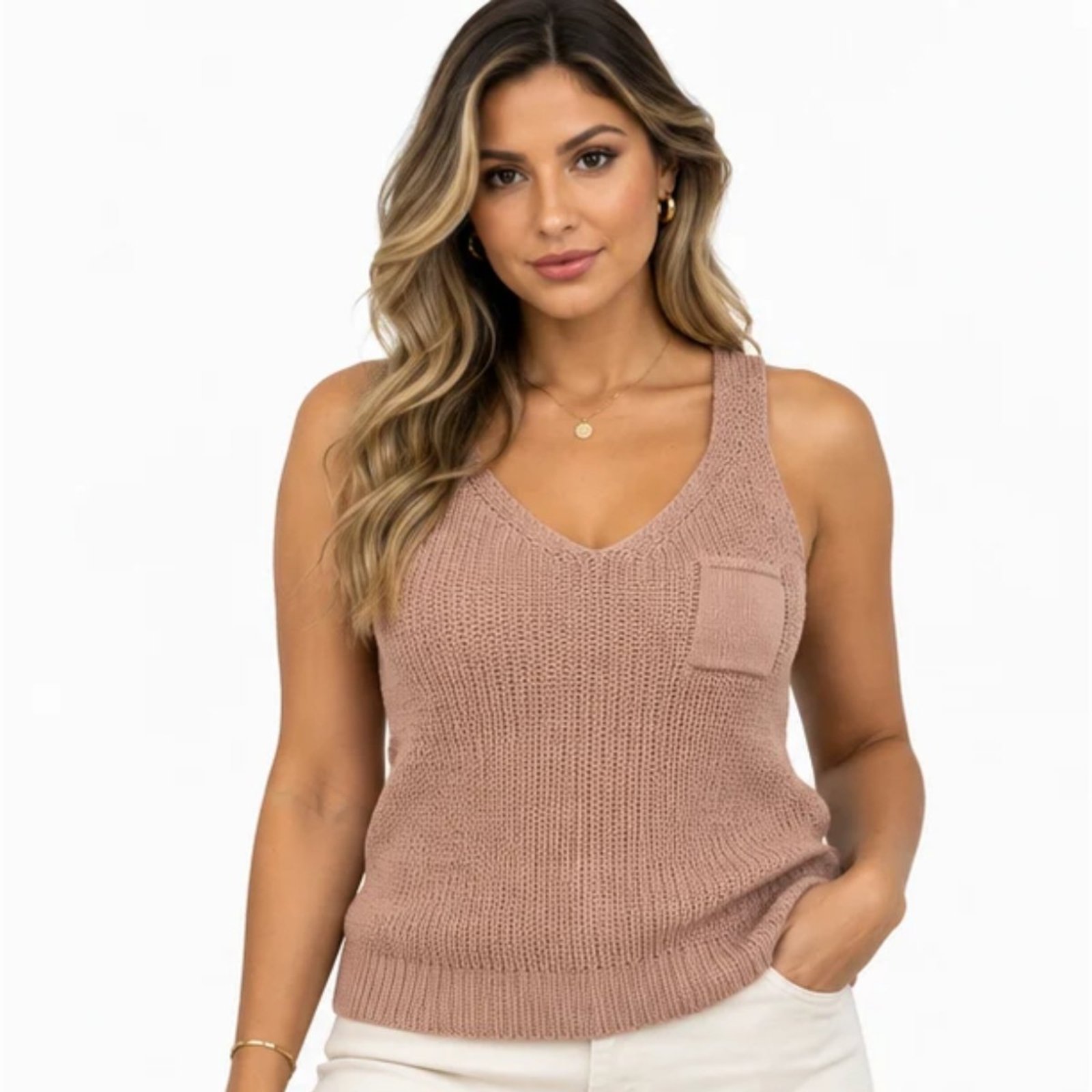 Regata Feminina Tricô com Bolso Decote V Blusa de Alça Casual Verão Rosa