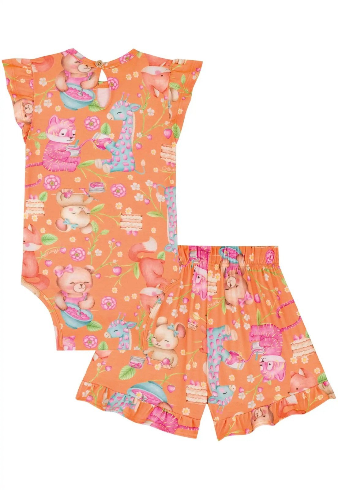 Vista 2 Infantil - Conjunto Kukiê Body Ursinha e Shorts Laranja Estampad G unico Kukiê unico