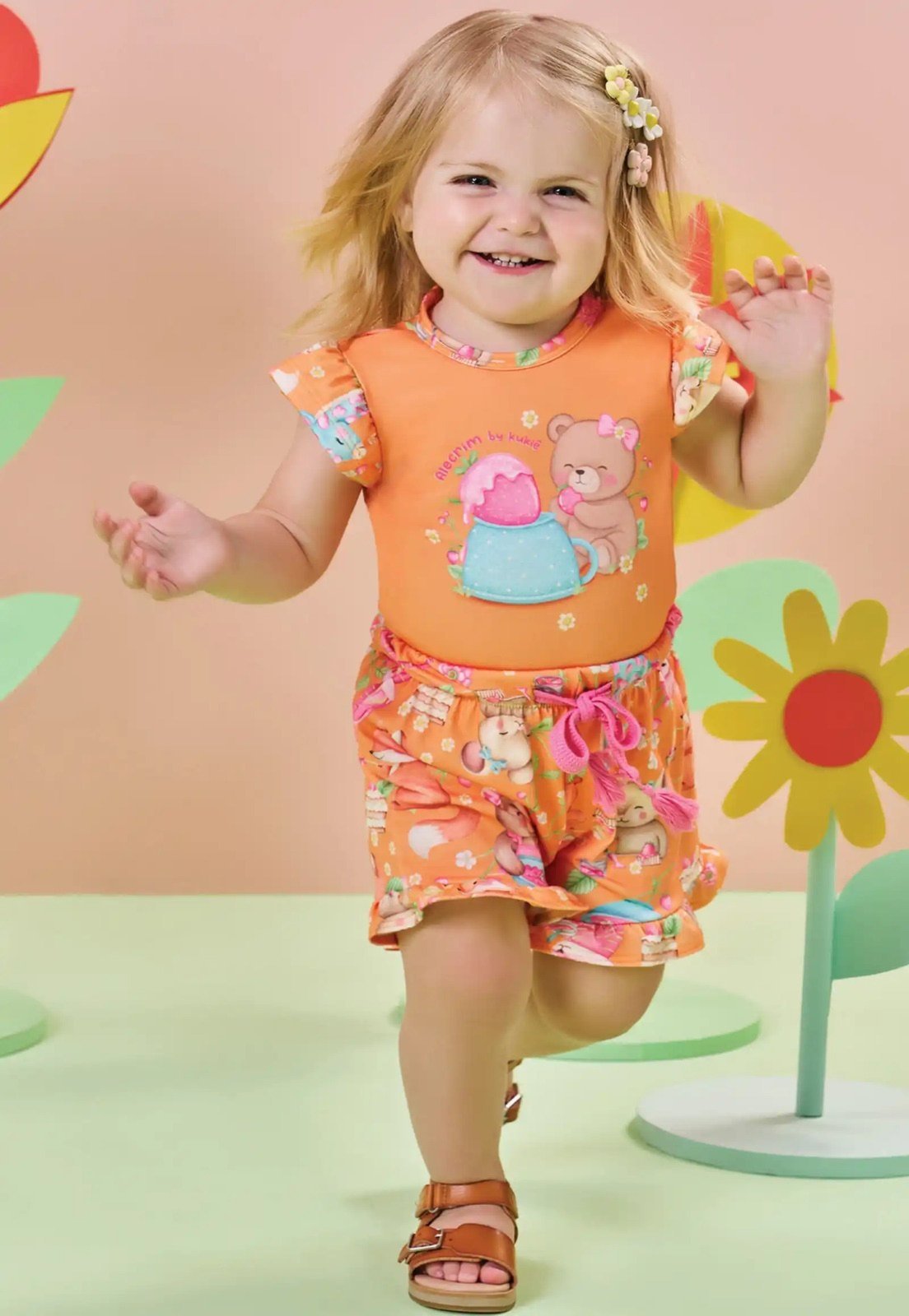 Vista 3 Infantil - Conjunto Kukiê Body Ursinha e Shorts Laranja Estampad G unico Kukiê unico