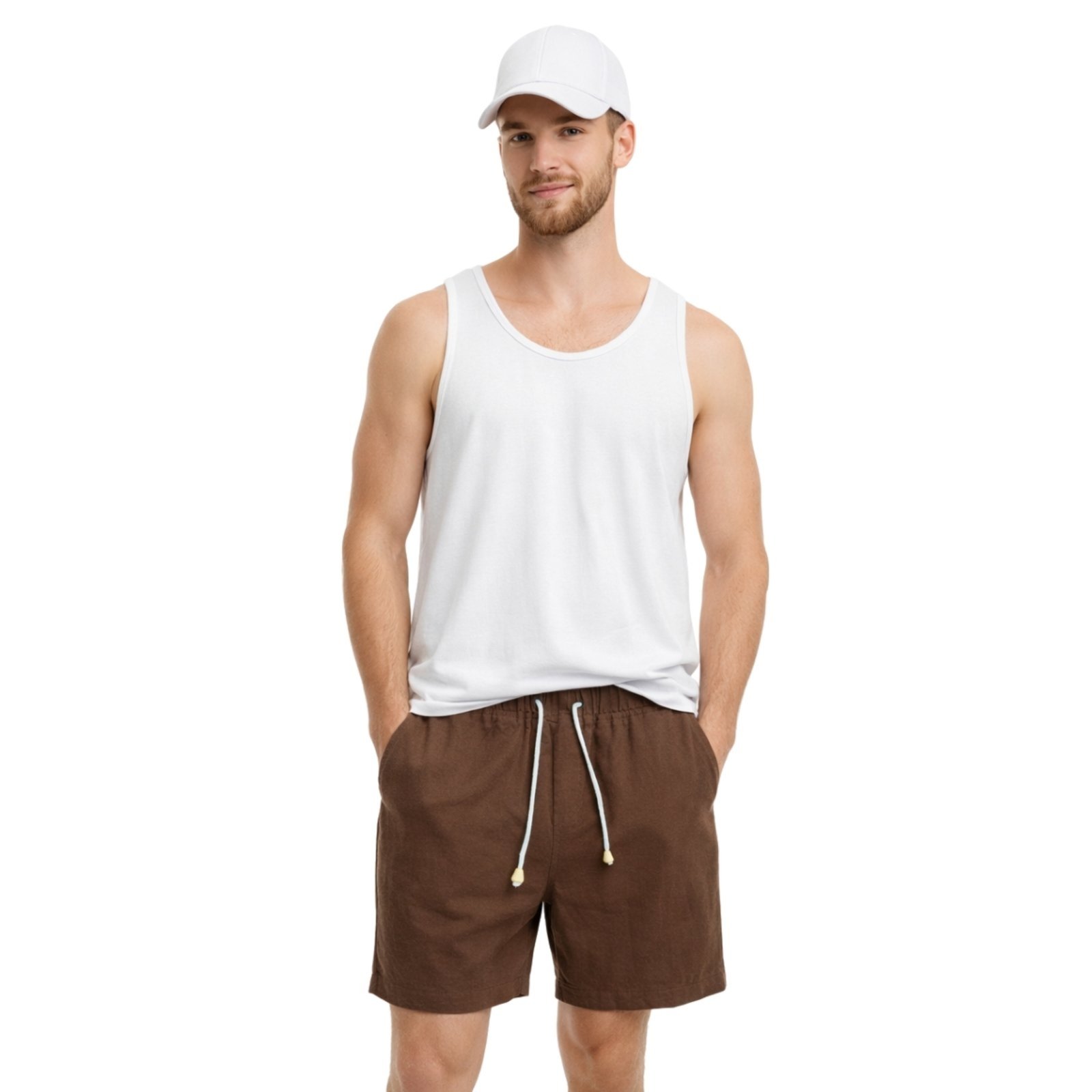 Conjunto Regata Short Linho e Boné 6 Painéis Premium Masculino Moda Praia Luxo