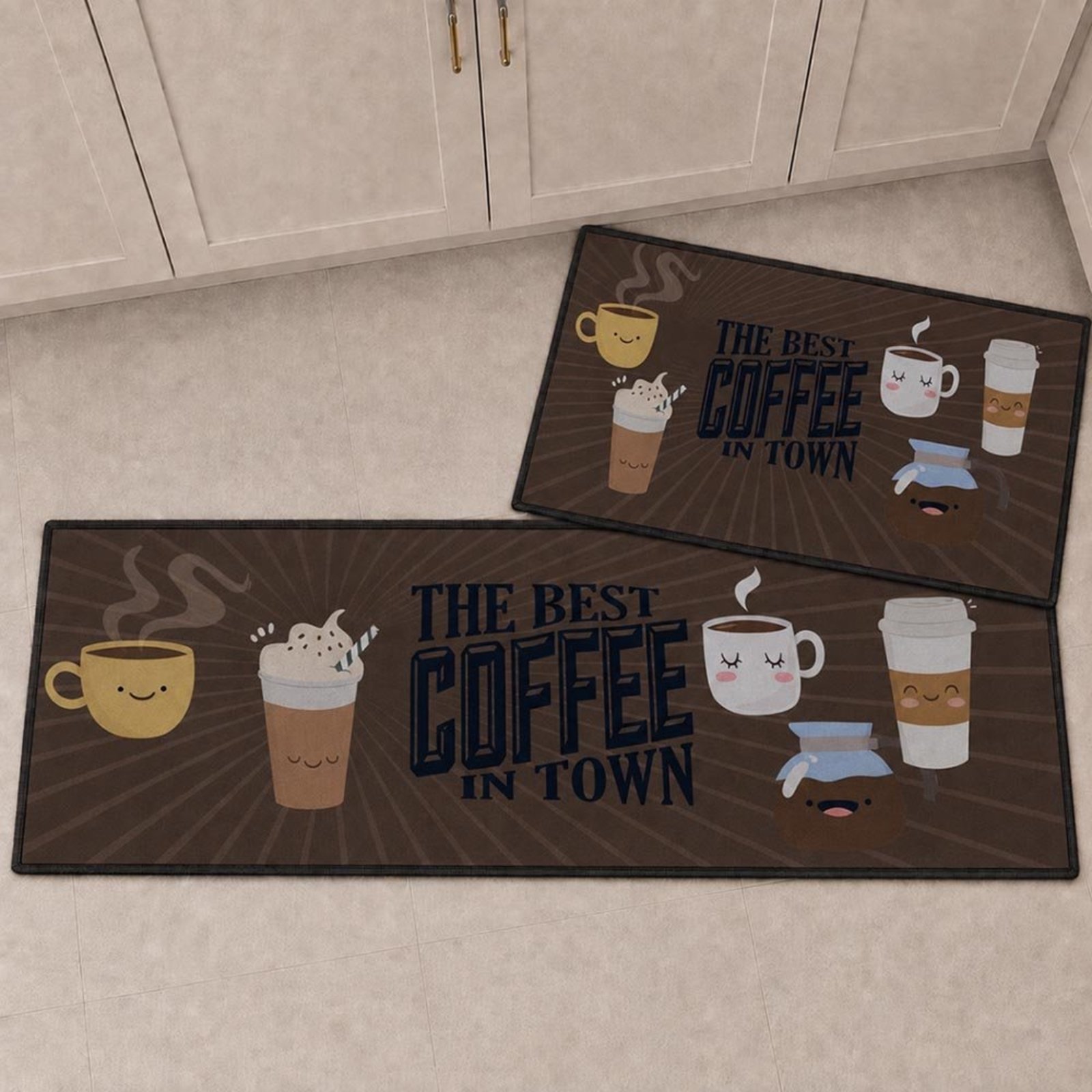 Kit Tapete para Cozinha 2 Peças Passadeira Antiderrapante Emborrachada Carpete Coffee Town