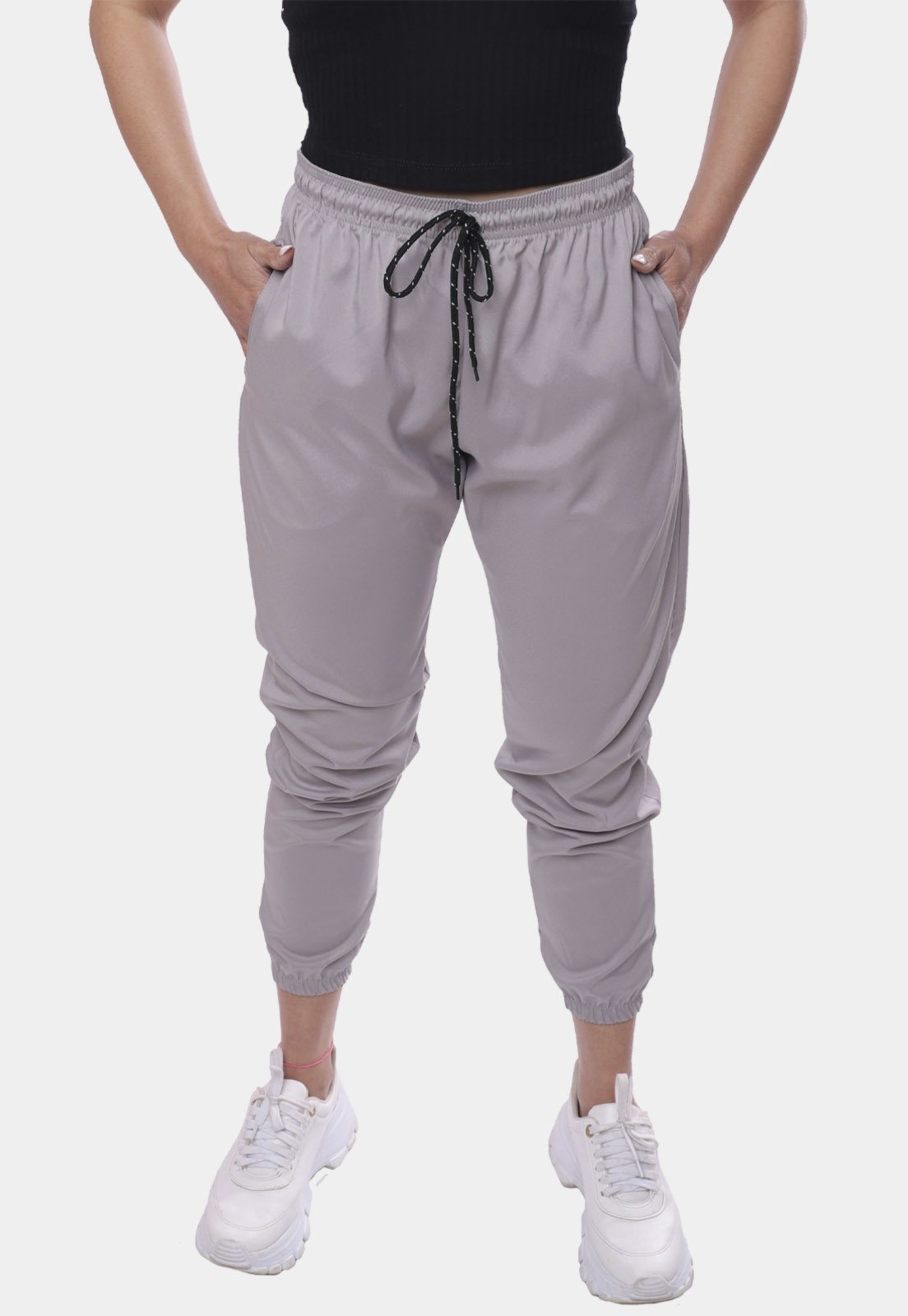Calça Feminina Jogger Treino Academia Casual Esportiva Tactel Treino 3 Bolsos Lisa Cinza Claro