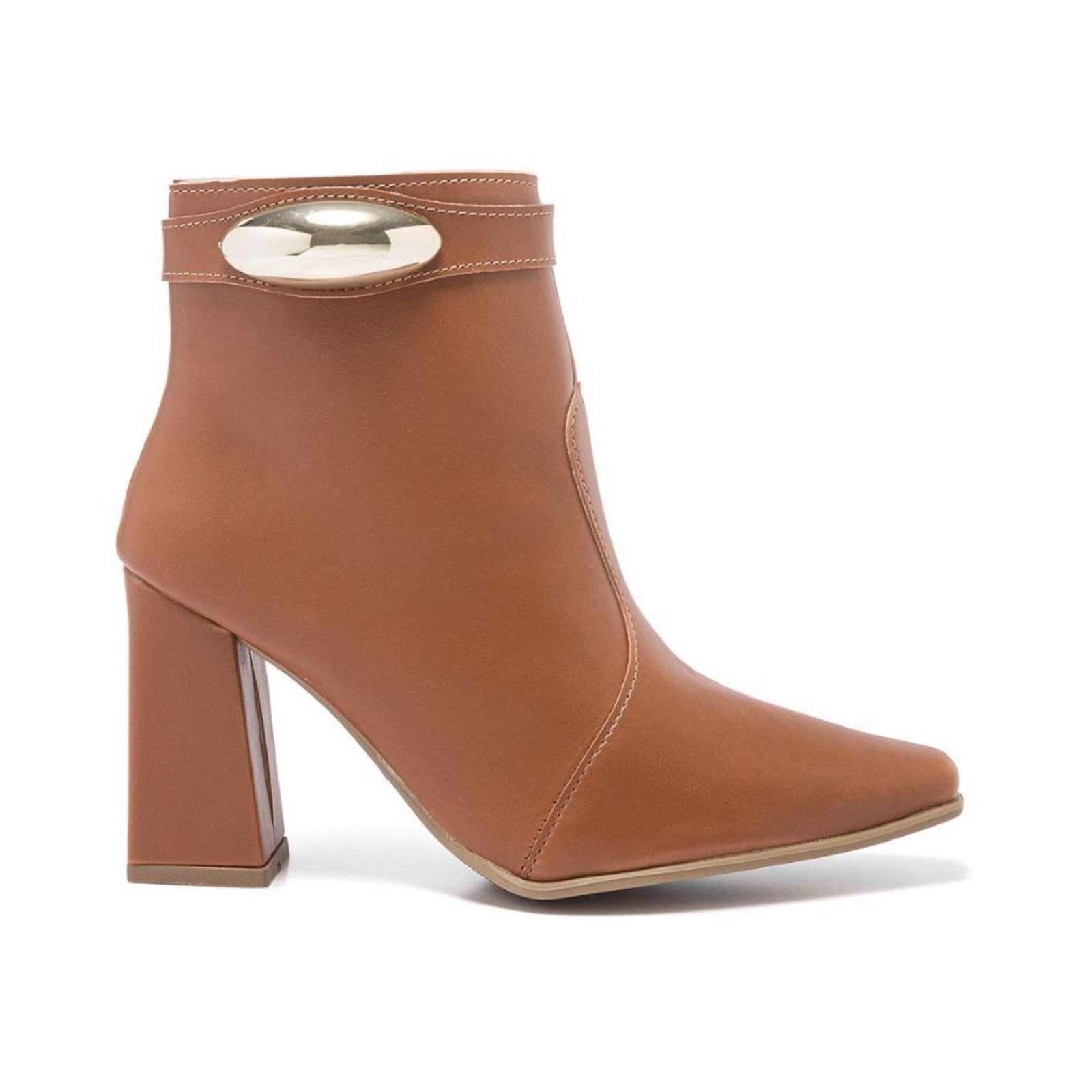 Bota Feminina Stessy Shoes Cano Curto Lesma Metalizada Salto Bloco Casual Caramelo