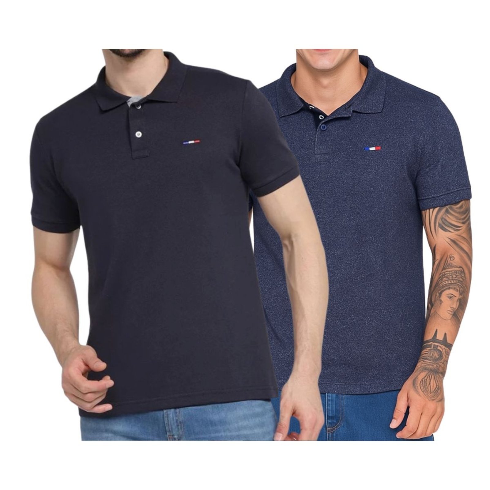 Kit 2 Polos Masculina Básicas FMF Preto e Jeans Piquet no Estilo Tommy Bordado França
