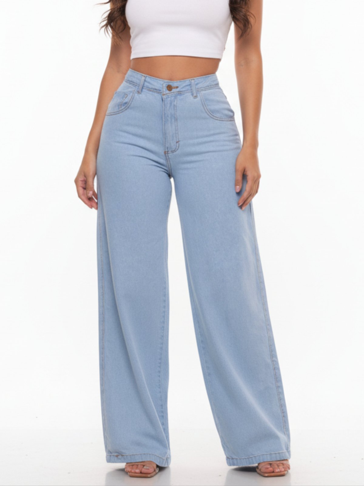 Calça Widleg Feminina Jeans Alpha Street Wear Estilo Gringa Fashion e Confortavel Azul Delave