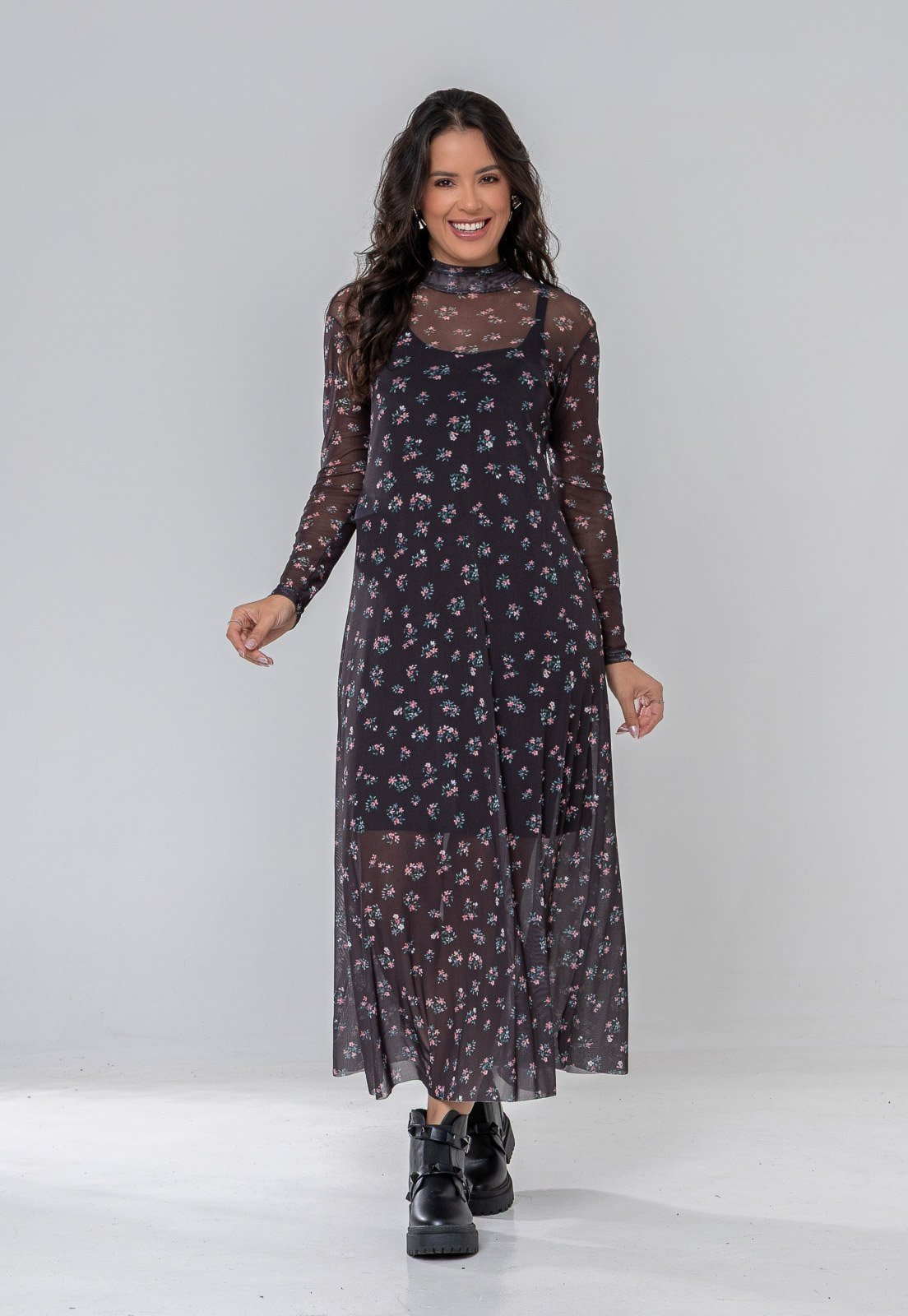 Vestido Aura Florence Tule Slim Floral Preto