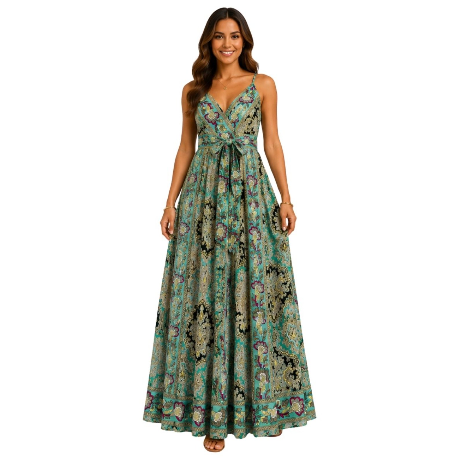 Vestido Longo Indiano Feminino Estampado Alças Reguláveis Boho Preto