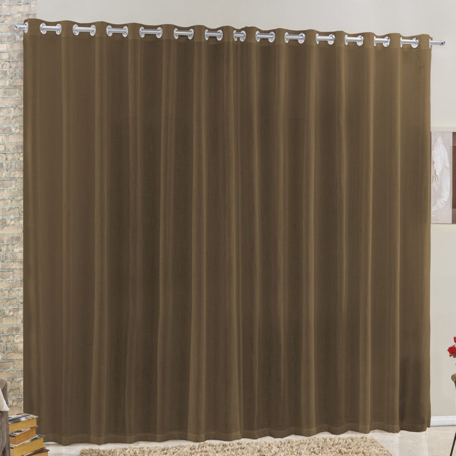 Cortina 2 Mts Sala Quarto Voal e Linho para Trilho Comum Barata Tabaco - 100% Poliéster
