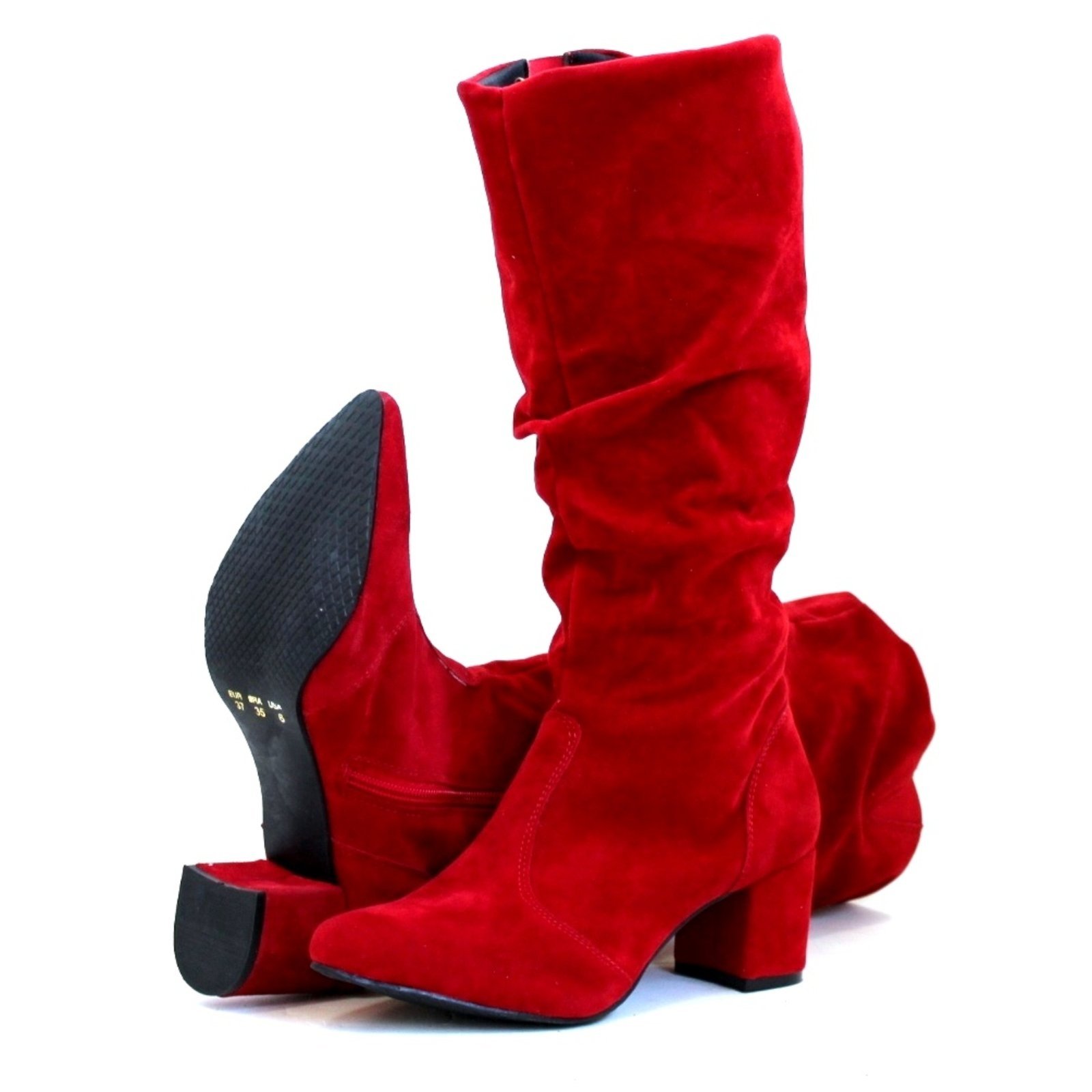 Botas Femininas Cano Enrugado Lirom Salto Grosso Confortável Vermelha