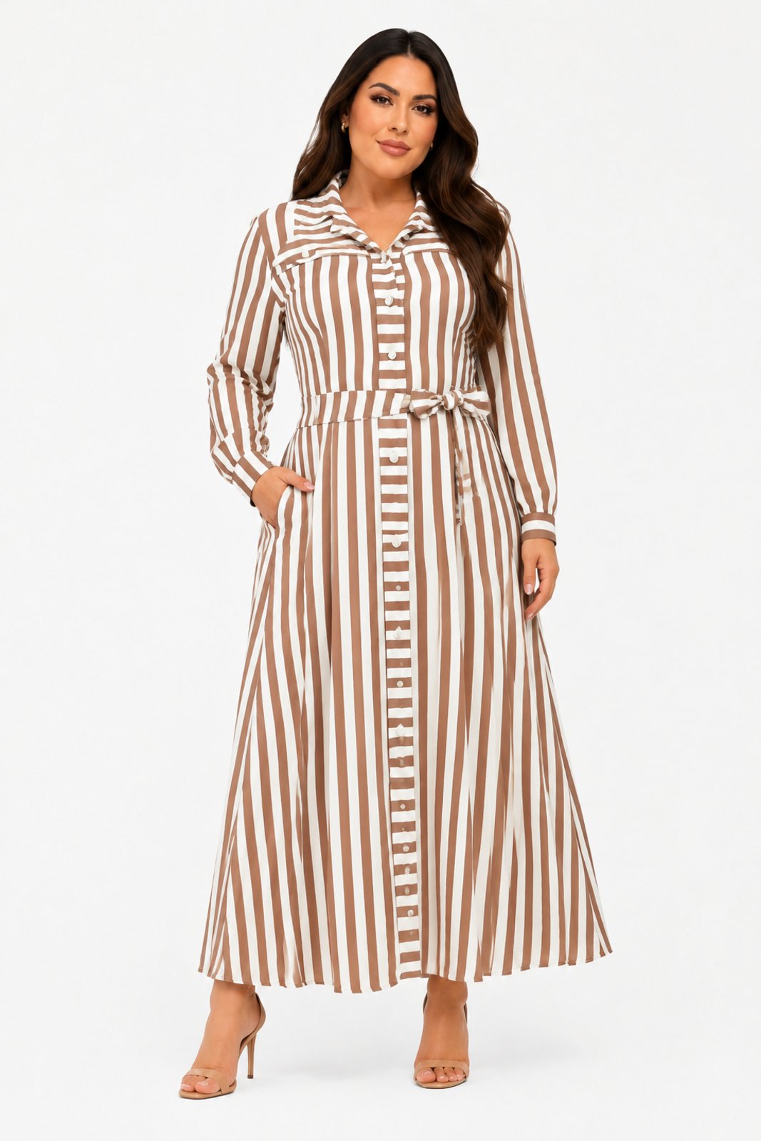 Vestido Midi D Bell Outlet Fashion Chemise Listrado em Linho Marrom