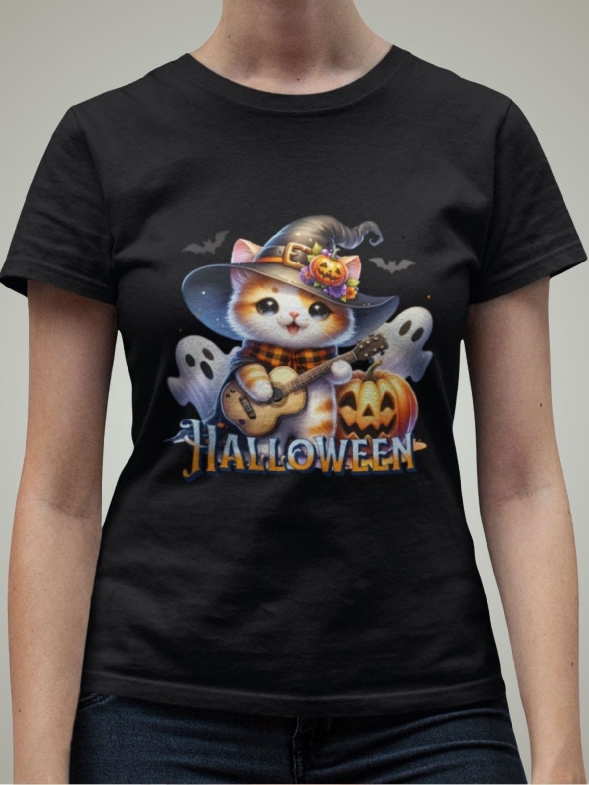 Camiseta Básica Feminina Gatinho Bruxo Fofo Halloween Preto