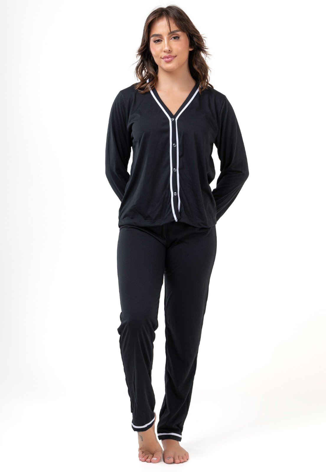 Pijama Mood Modas Americano Amamentação Longo Parto Pós Cirúrgico Botao Camisaria 046 Preto