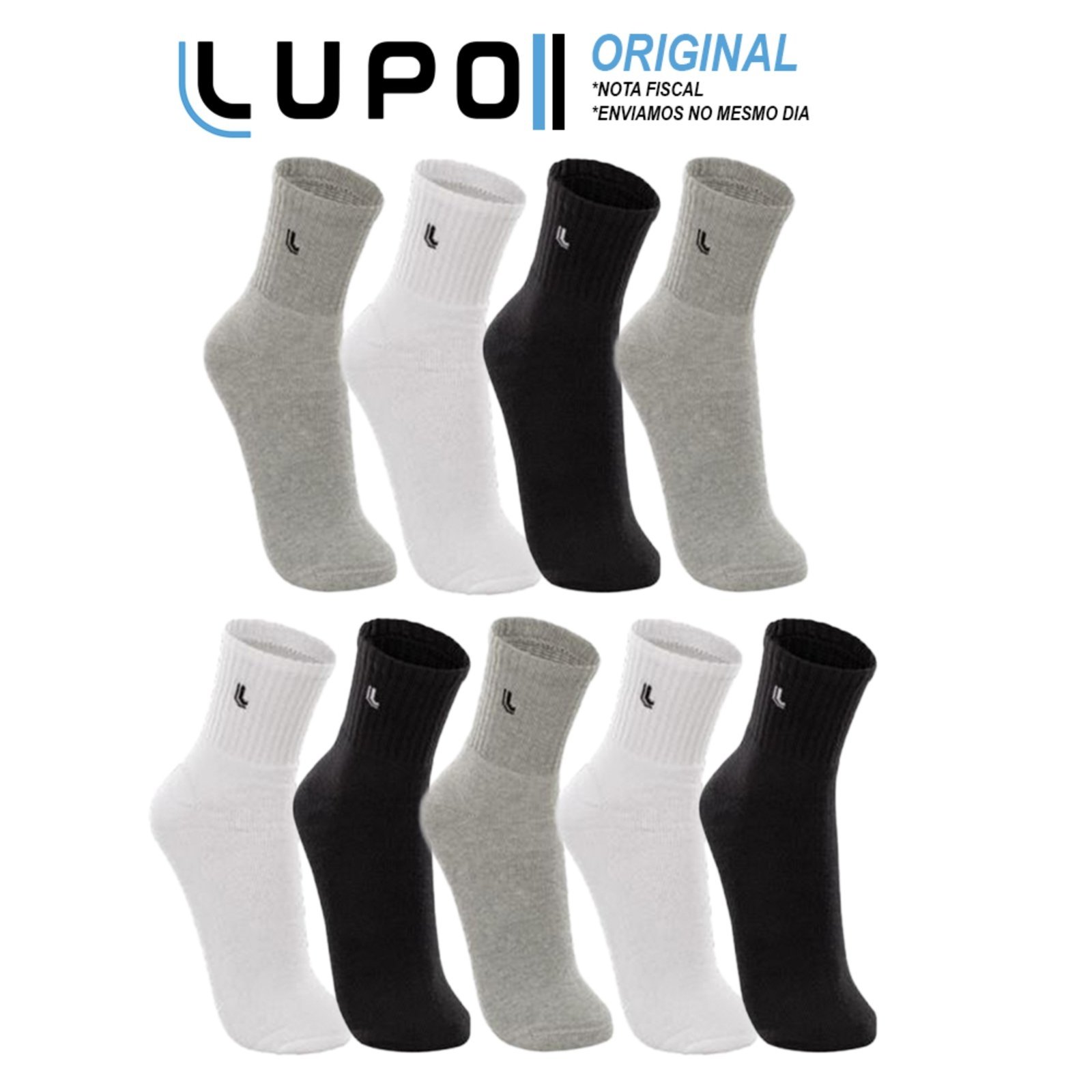 Kit 09 Pares Meias Lupo Cano Médio Sport Preto Cinza Branco