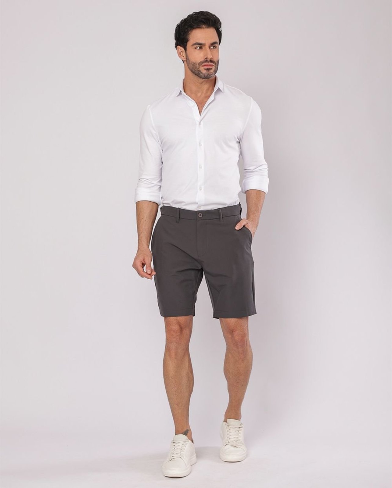 Bermuda Alfaiataria Masculina Microfibra Regulador de Fivela 11140 Cinza Chumbo Consciência