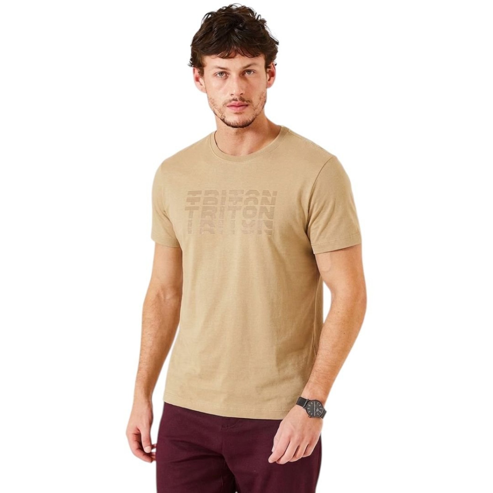 Camiseta Fit de Malha Com Estampa em Sobreposição Triton Bege Incense