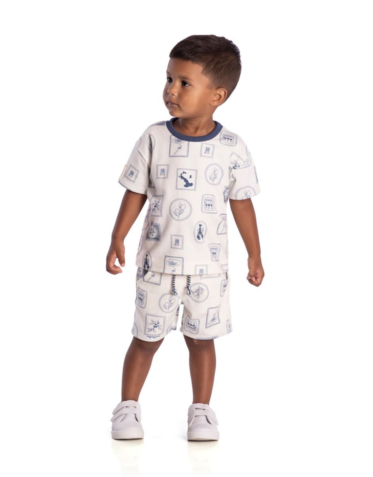 Infantil - Conjunto camiseta e bermuda cotton estampados off-white com azul