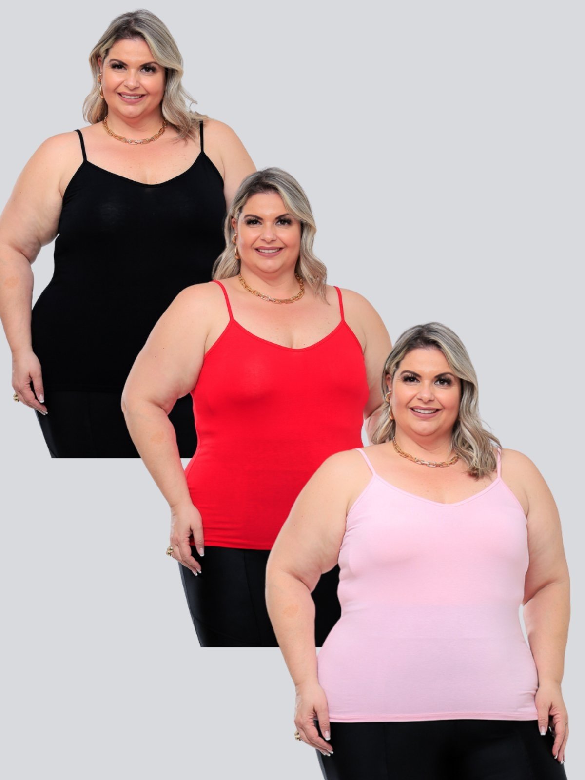 Kit 3 Peças Regata Plus Size Feminina Básica Viscolycra Alcinha Fina Leve estilo Casual GARAIS MODA moda Verão Preto Vermelho Rosa