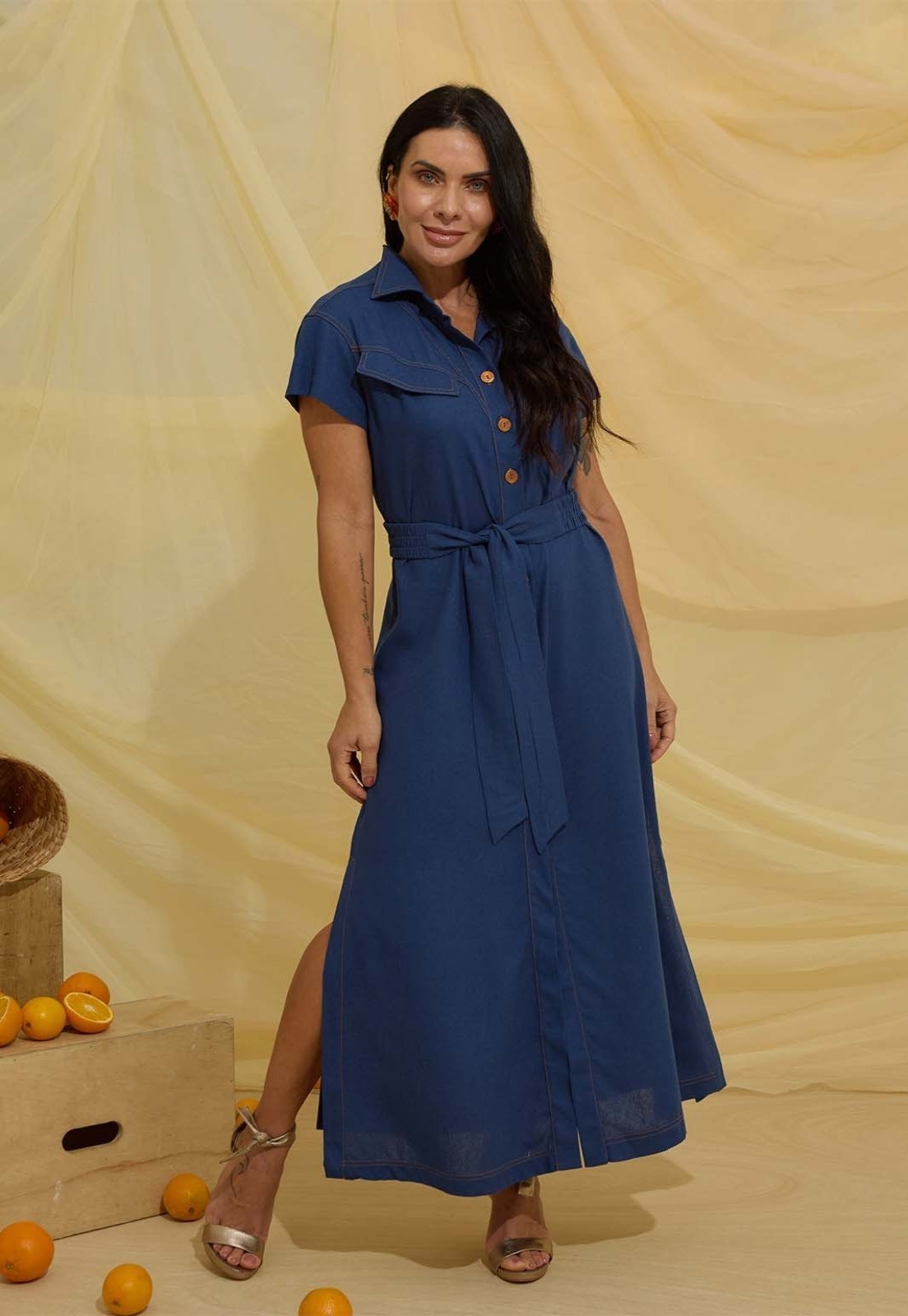 Vestido Longo com Gola Polo Azul