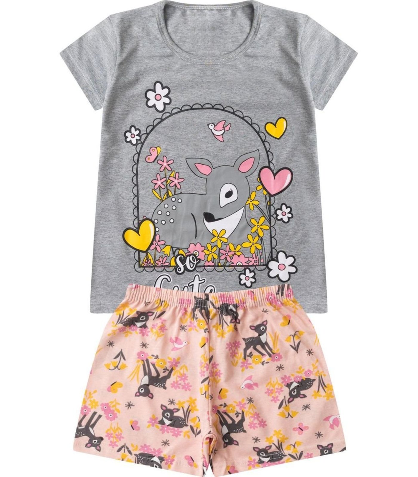 Pijama Verão Menina Curto Algodão Kappes Cinza