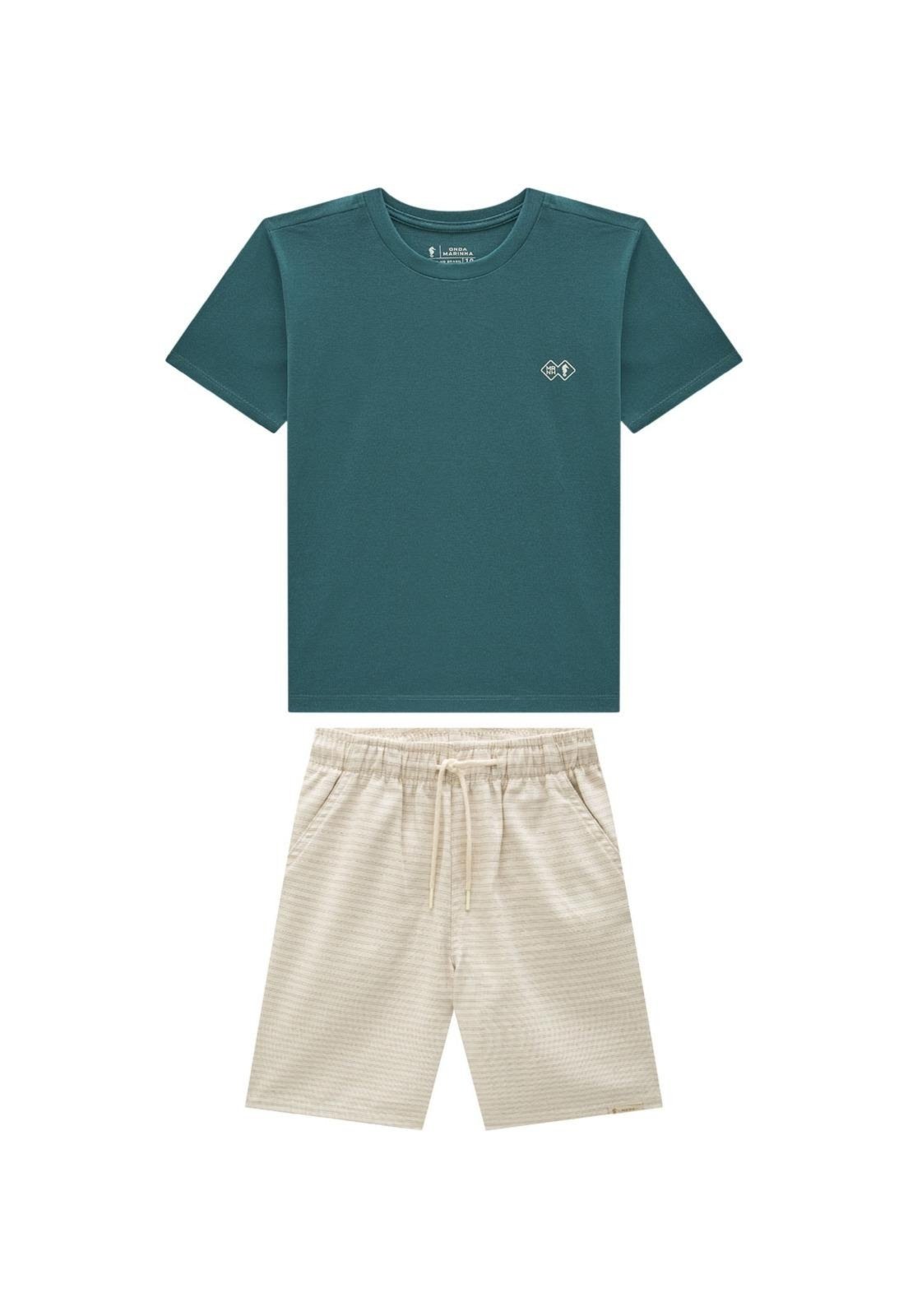 Infantil - Conjunto Bermuda Cru com Elástico com Camiseta Onda Marinha 10 Verde