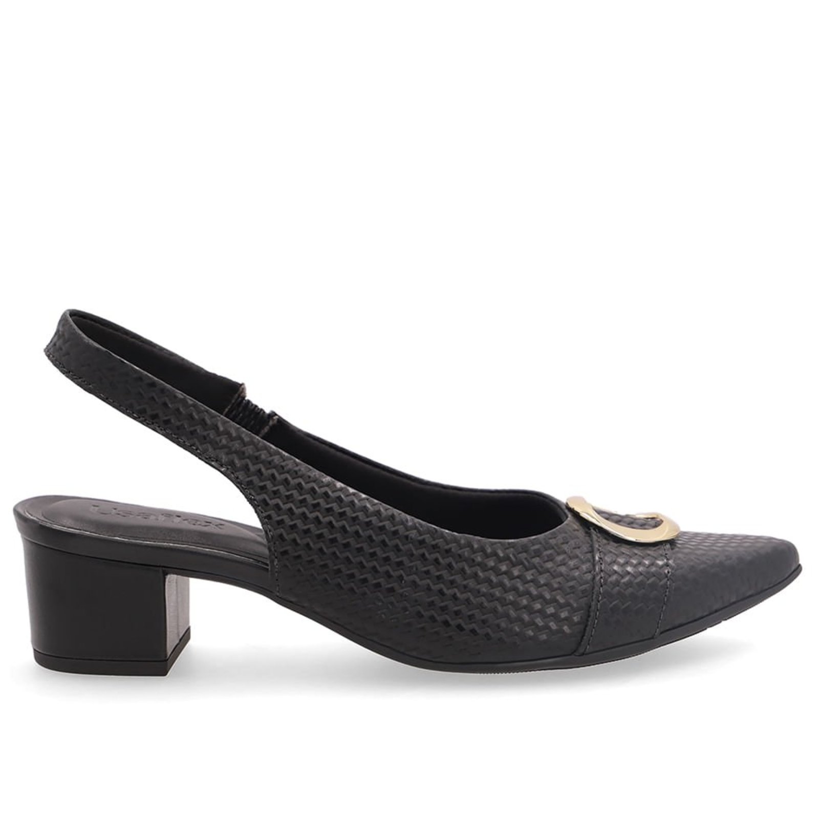 Slingback Couro Preto Salto Bloco Com Textura Tressê