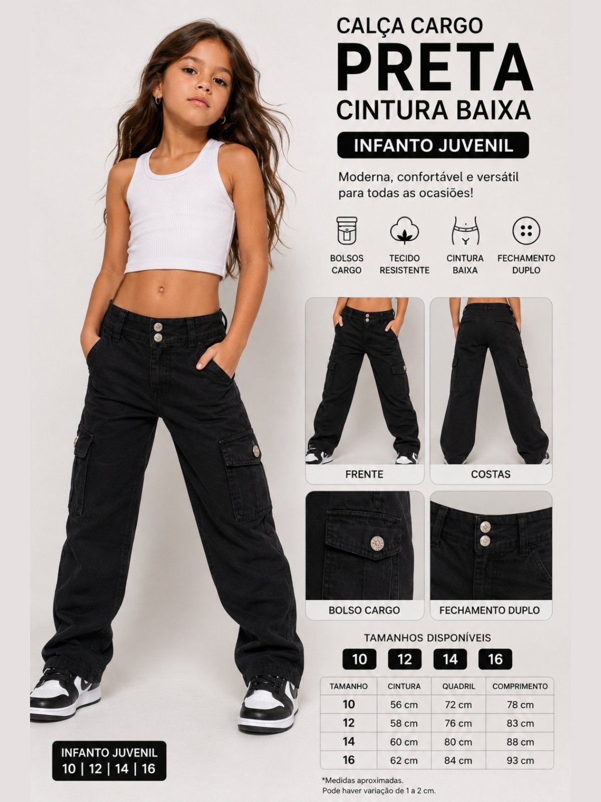 Infantil - Calça Cargo Infanto Juvenil Preta Pátria Brasil