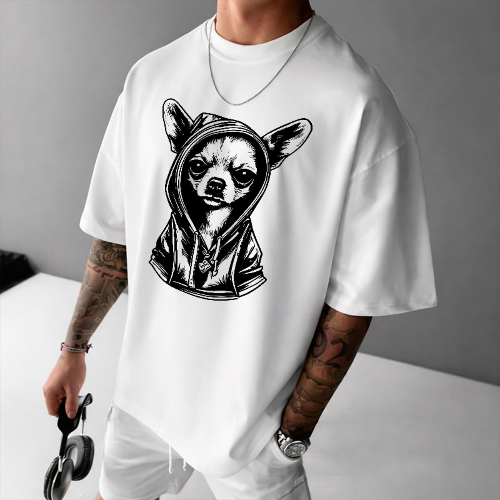 Camiseta Oversized Cachorro Estiloso Streetwear Premium Branco