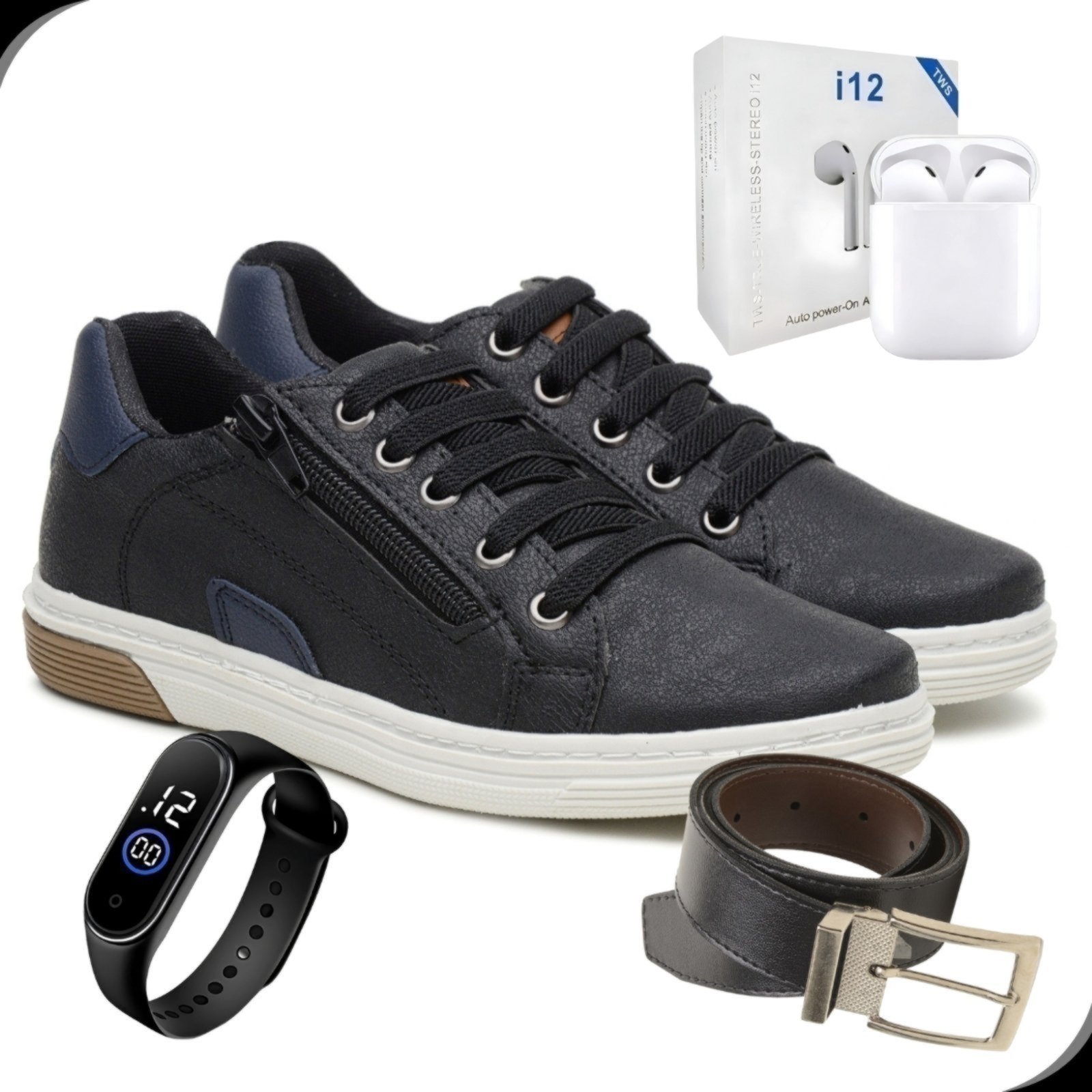 Infantil – Kit Tenis Casual Menino Com Ziper Rovetto Com Cinto Relógio Digital e Fone Bluetooth