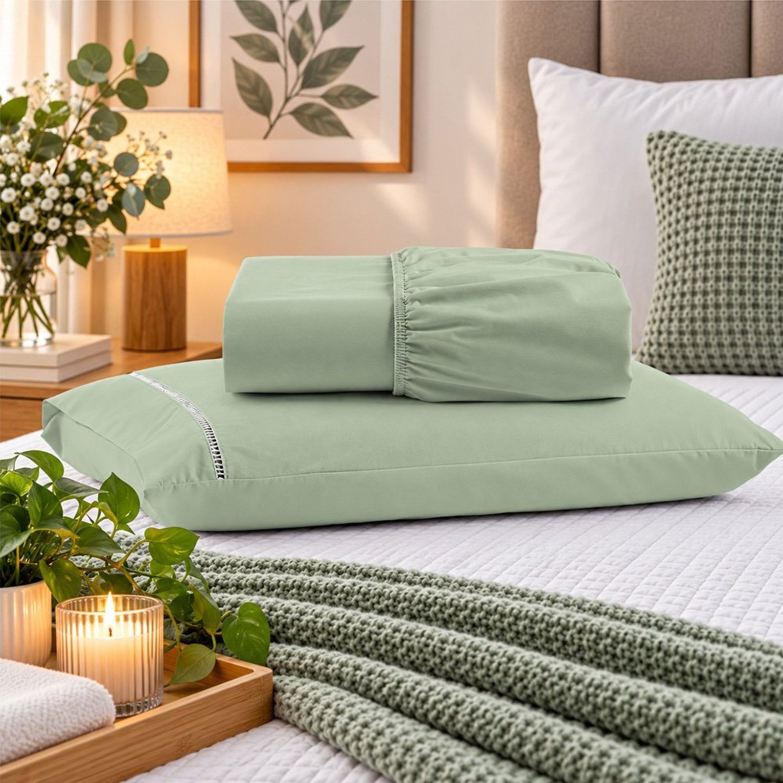 Jogo de Cama Lençol Solteiro Pluma Percal 180 Fios 2 Peças 100% Algodão - Verde Claro