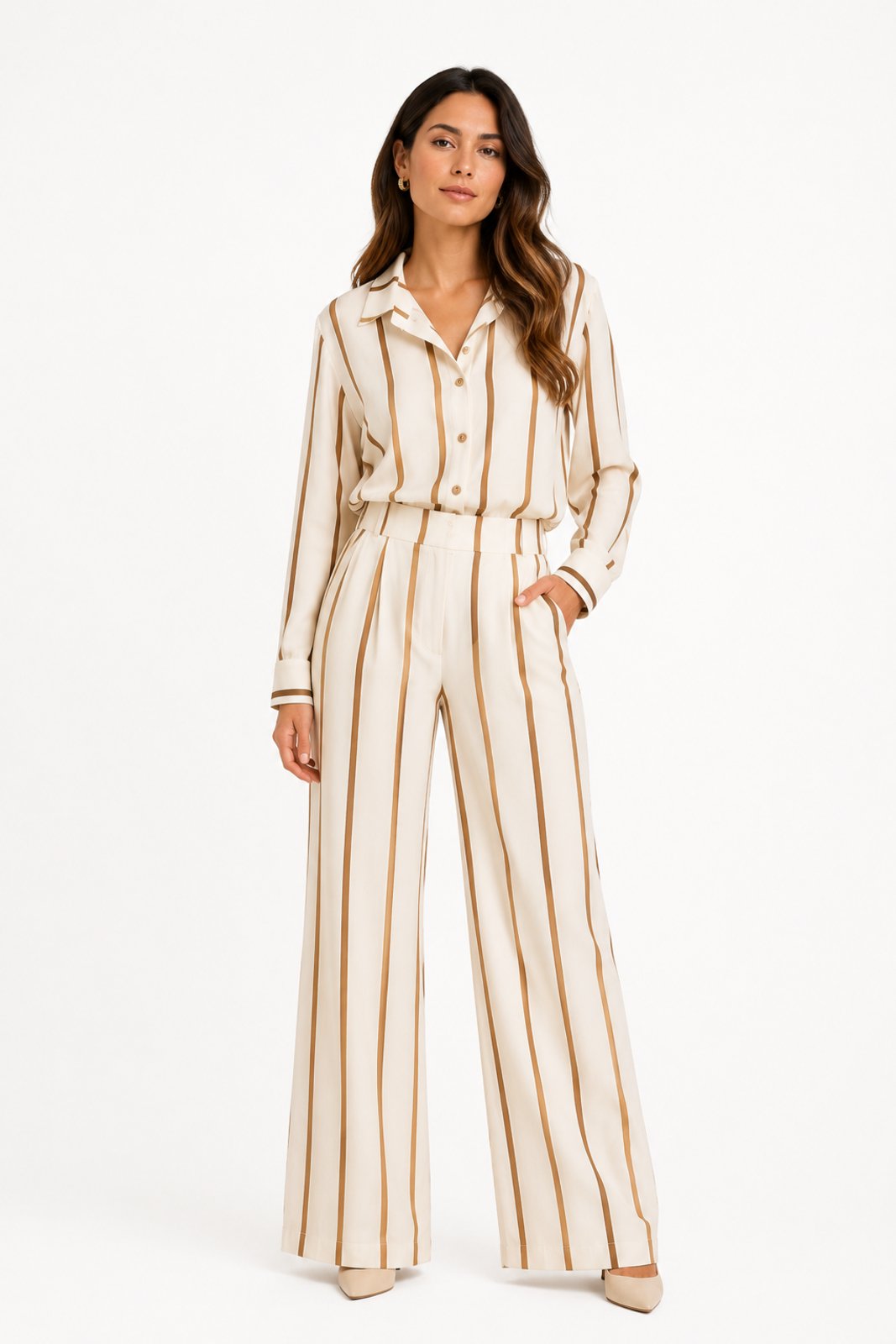Conjunto Feminino D Bell Outlet Fashion Viscolinho Casual Chic Listrado Marrom