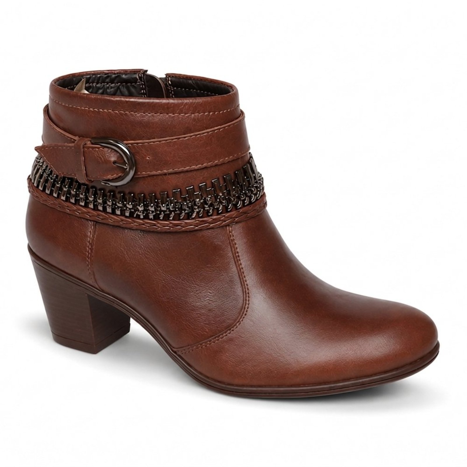 Bota Feminina Cano Curto em Couro Whisky com Corrente Prata e Fivela 2360WP