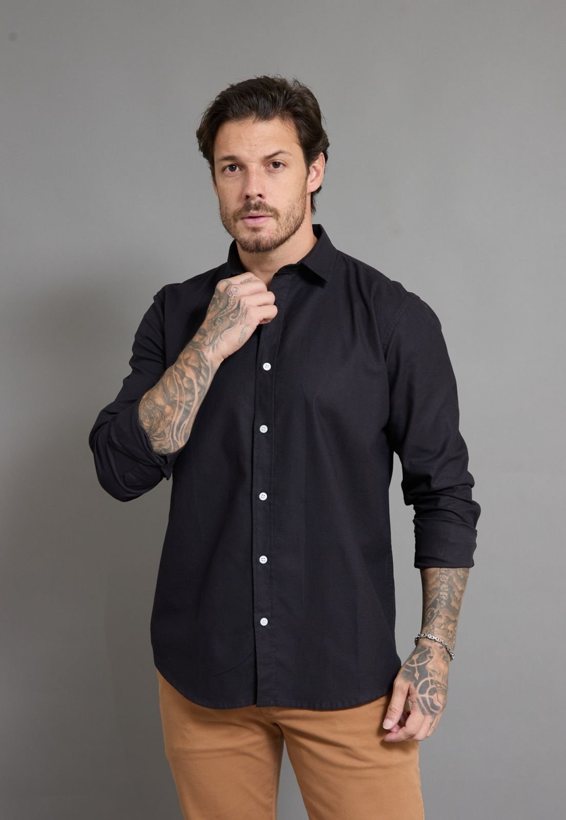 Camisa Manga Longa Masculina Social em Algodão Dialogo Preto