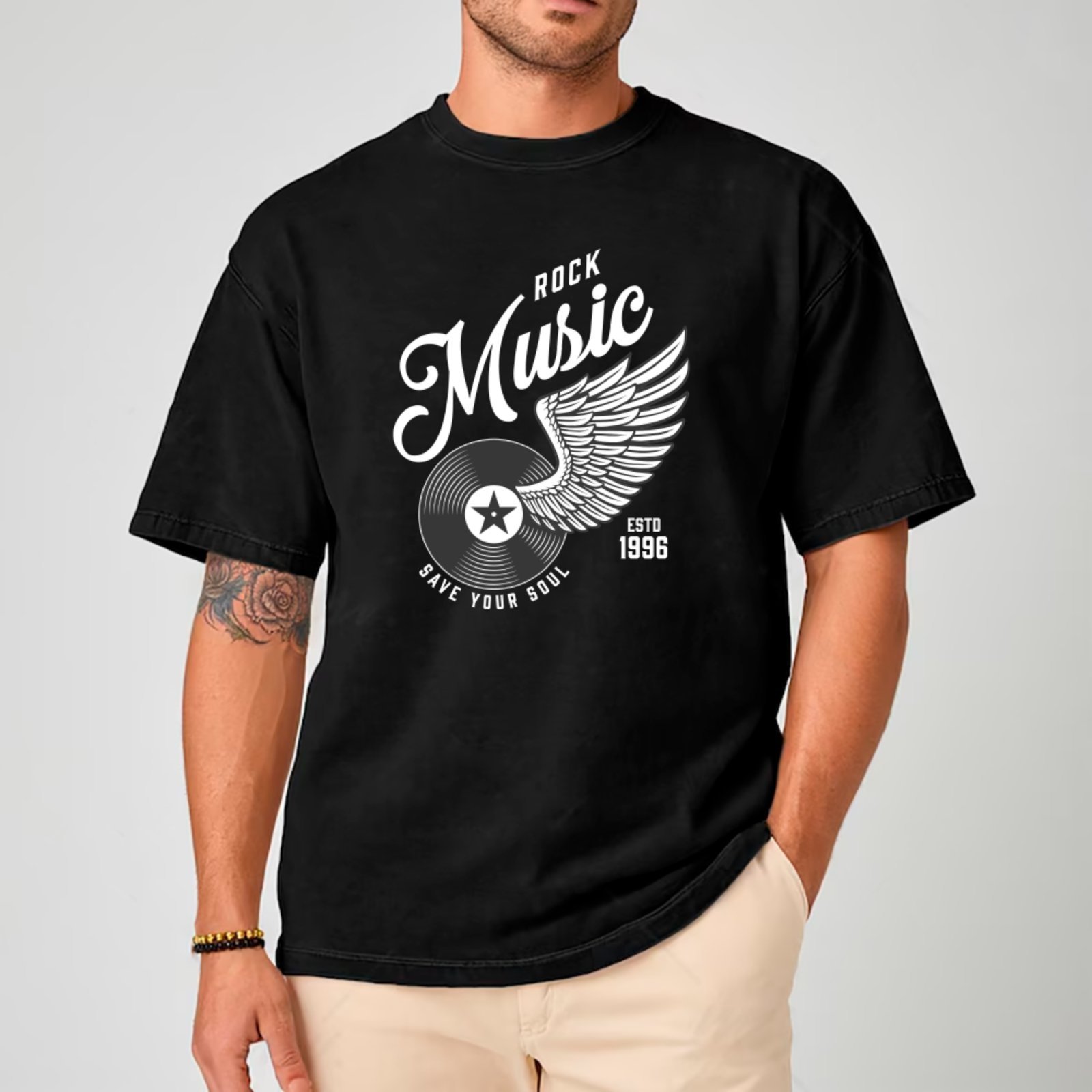Vista 2 Camiseta Ousy Streetwear Rock Music Vinil Oversized Unissex preto ousy preto