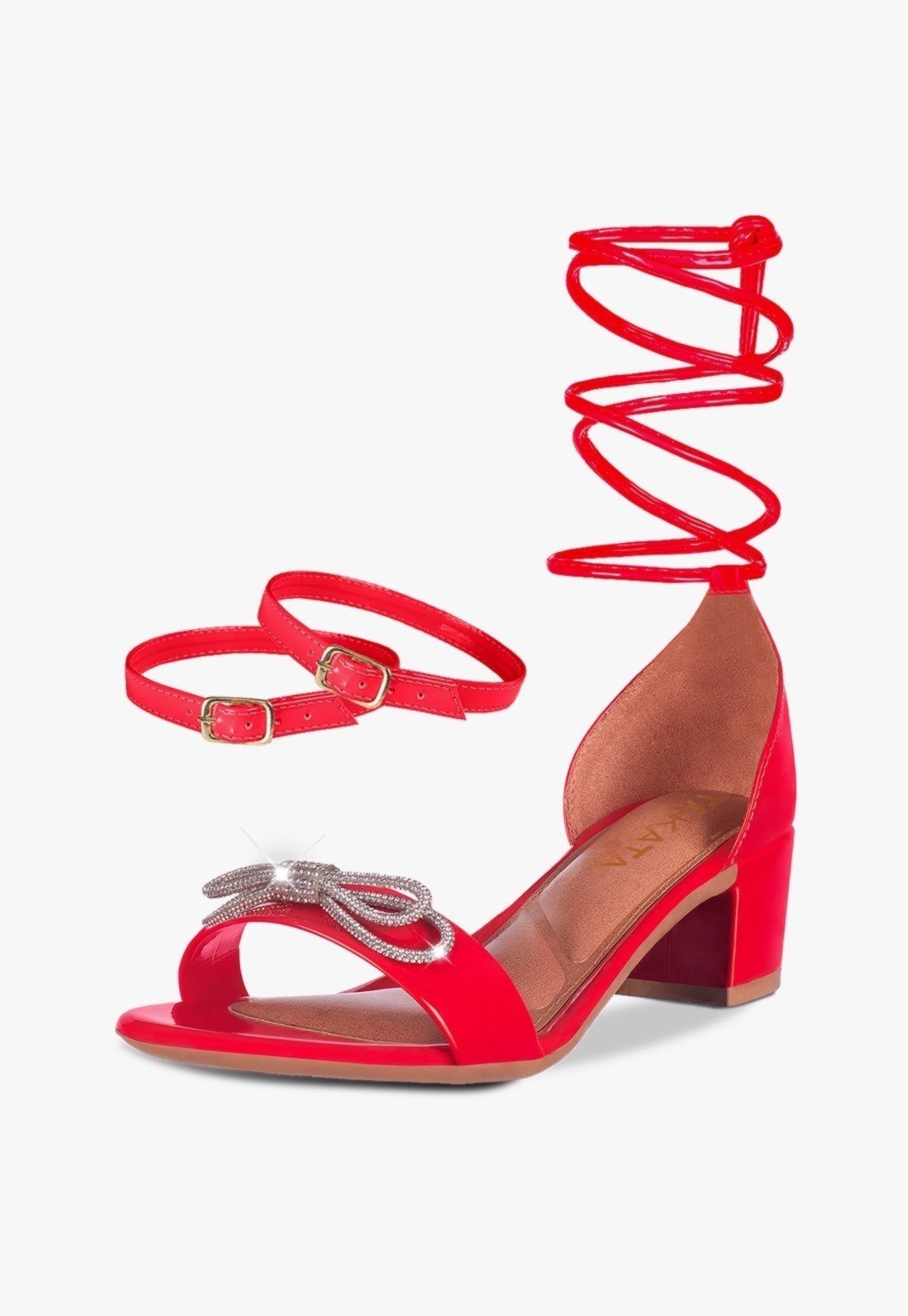 Sandália Feminina Tira Salto Quadrado Baixo Laço Cristal Vermelho