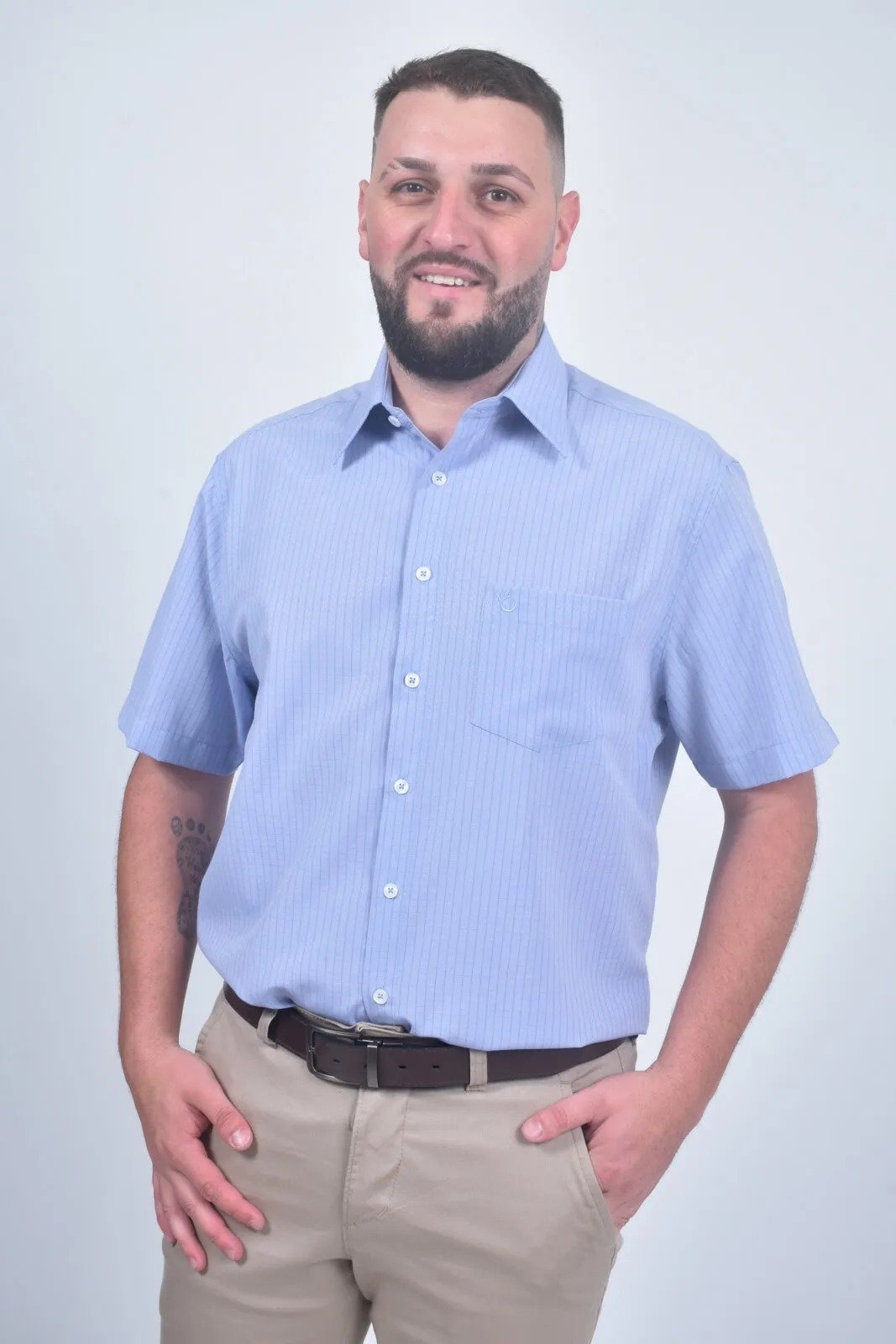 Camisa Social Masculina Olimpo Xadrez Manga Curta Azul