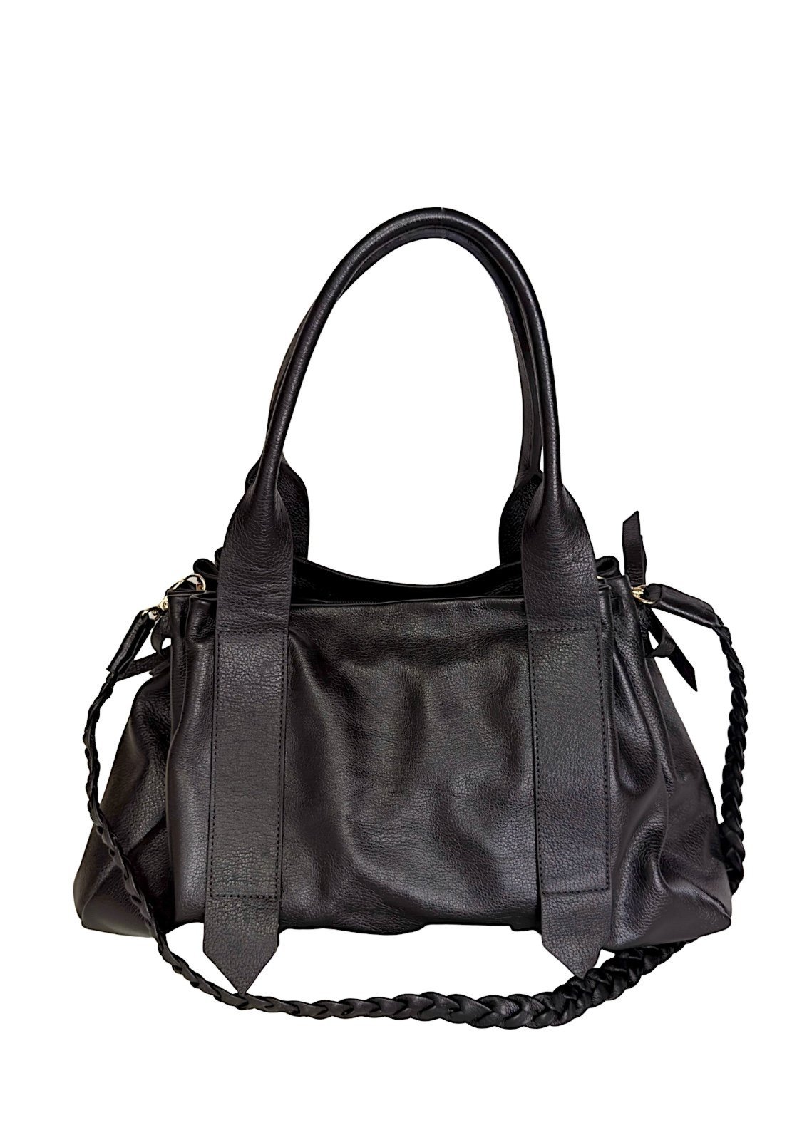Bolsa Tote Bag em Couro Legítimo Preta com Zíper e Alça Trançada a Mão