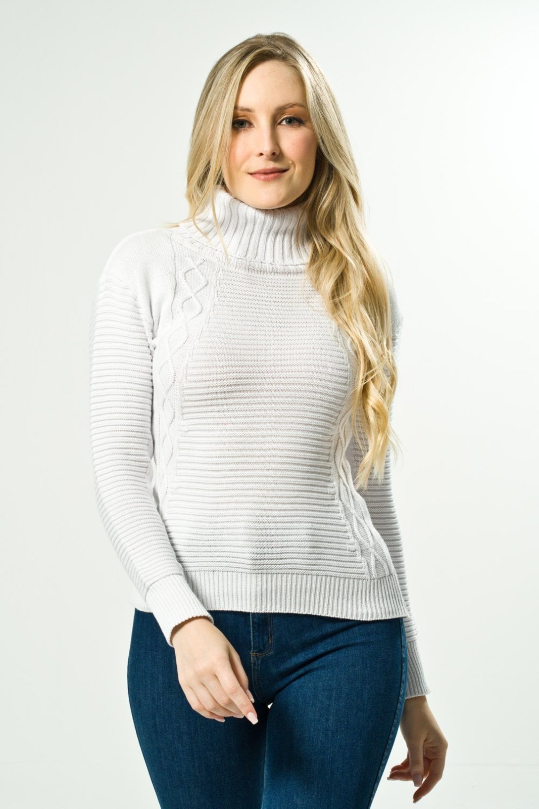 Blusa Tricô Algodão Shirley Malhas Trança Gola Alta Branco