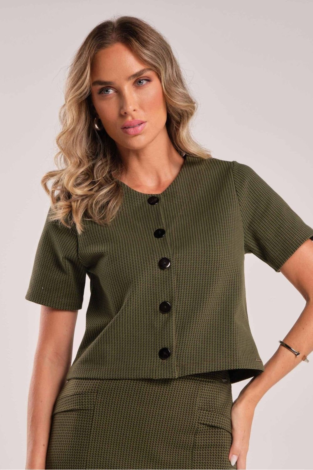 Blusa Feminina Xadrez Com Botões Marialícia Verde