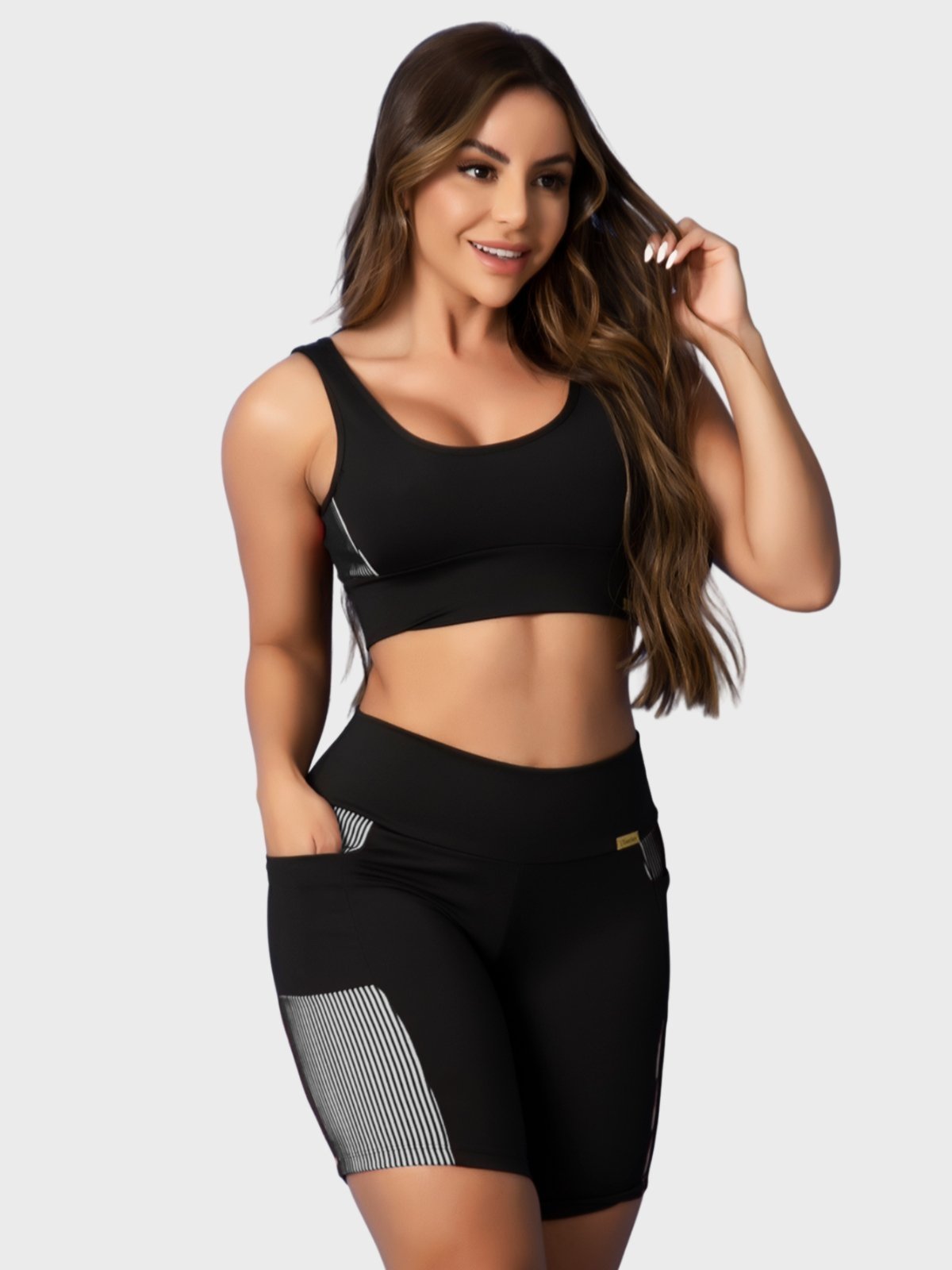 Conjunto Fitness Tarelles Top Short Bolso 3D Preto e Branco