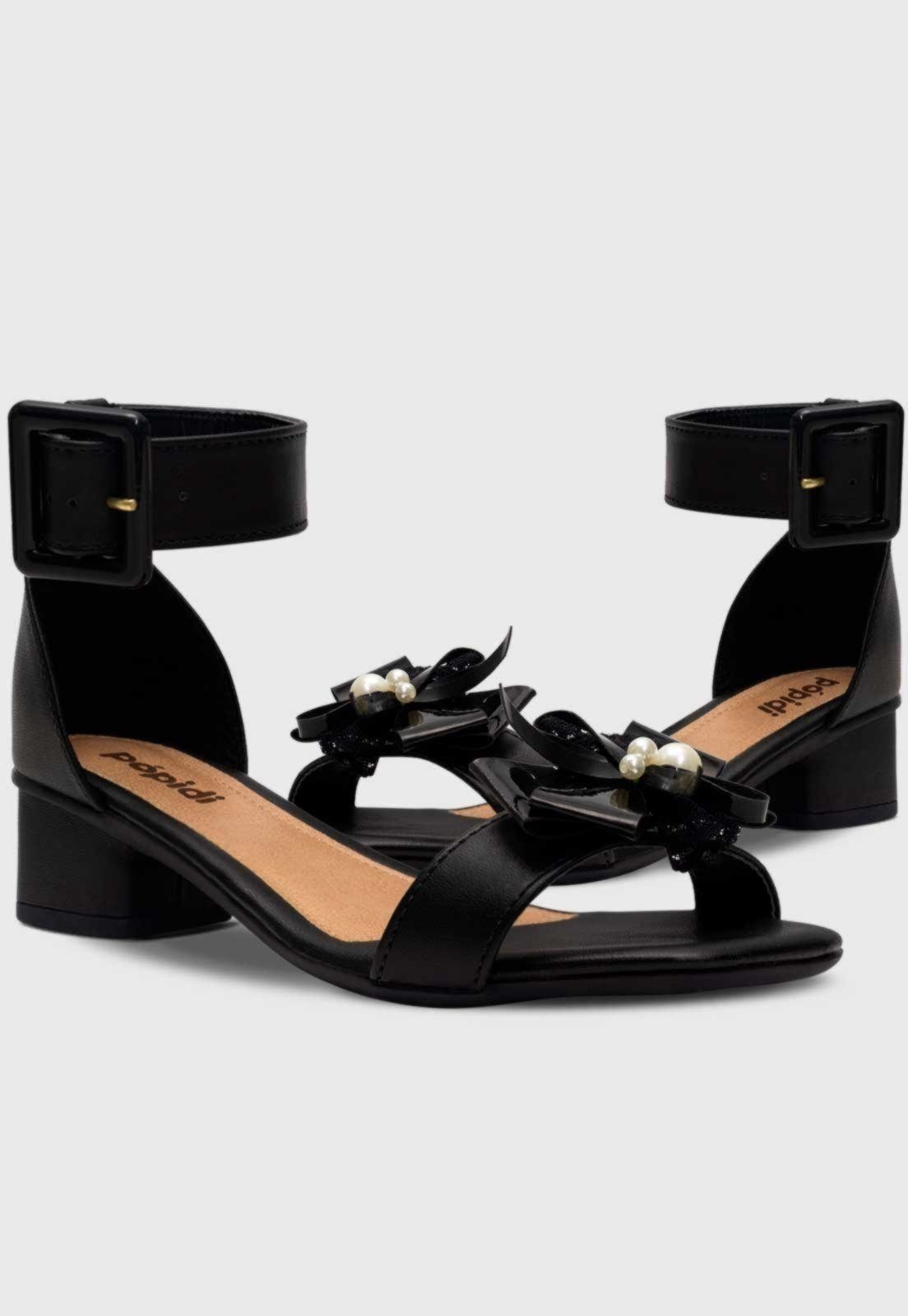 Vista 3 Infantil - Sandália Feminina Pópidi Menina Salto Grosso Perola Renda preto Pópidí preto