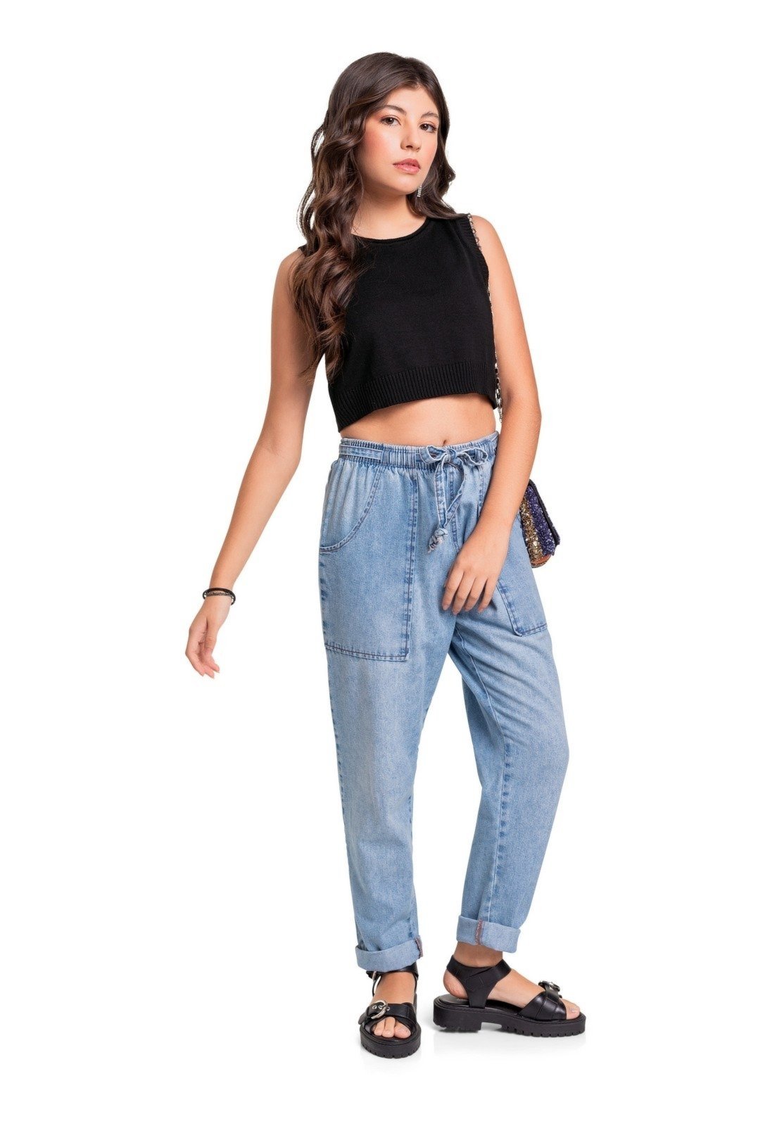 Infantil – Top Cropped em Tricô Juvenil Gloss Preto