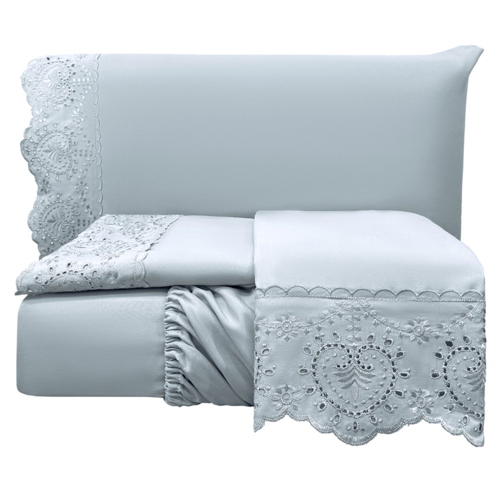 Jogo Cama Lençol Casa Scarpa Detail Casal Padrão Bordado Guipir Bordado Inglês Percal 300 Fios 4 Peças - Cinza