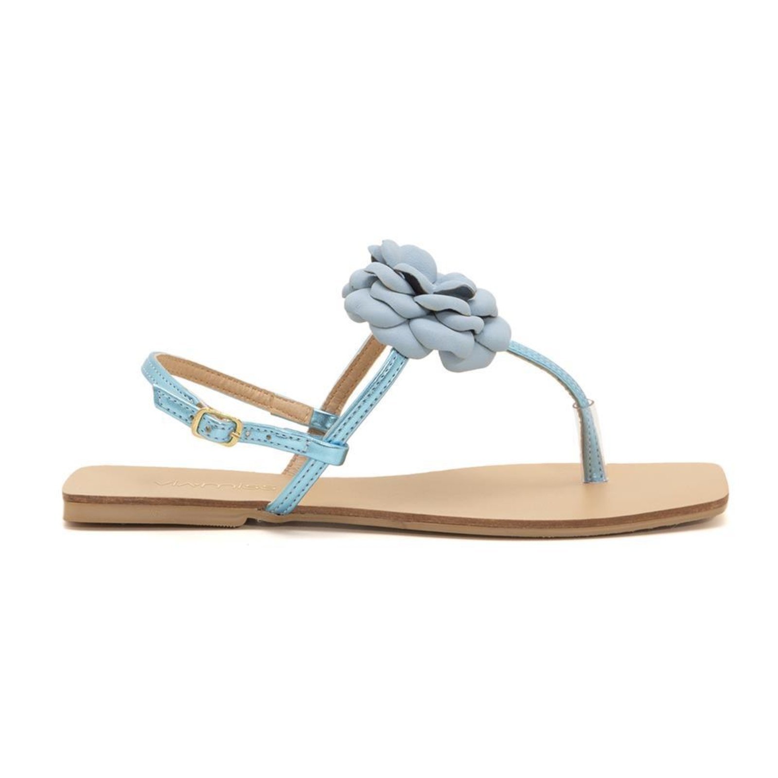 Sandália Feminina Rasteira Tiras Flor Verão Moderna Azul