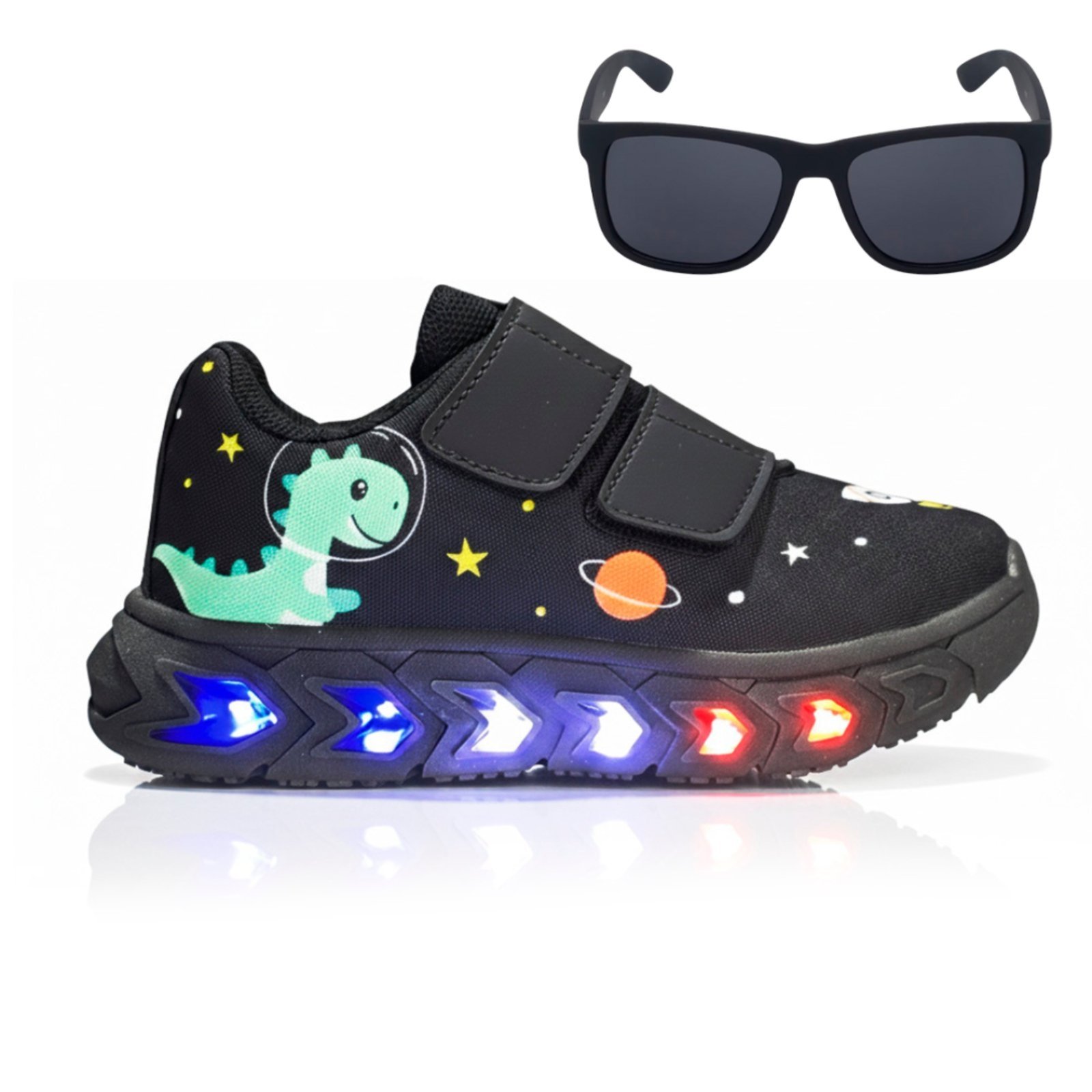 Infantil - Kit com Tênis Dino com Led Colorido no Solado Leve e Macio + Óculos Escuros