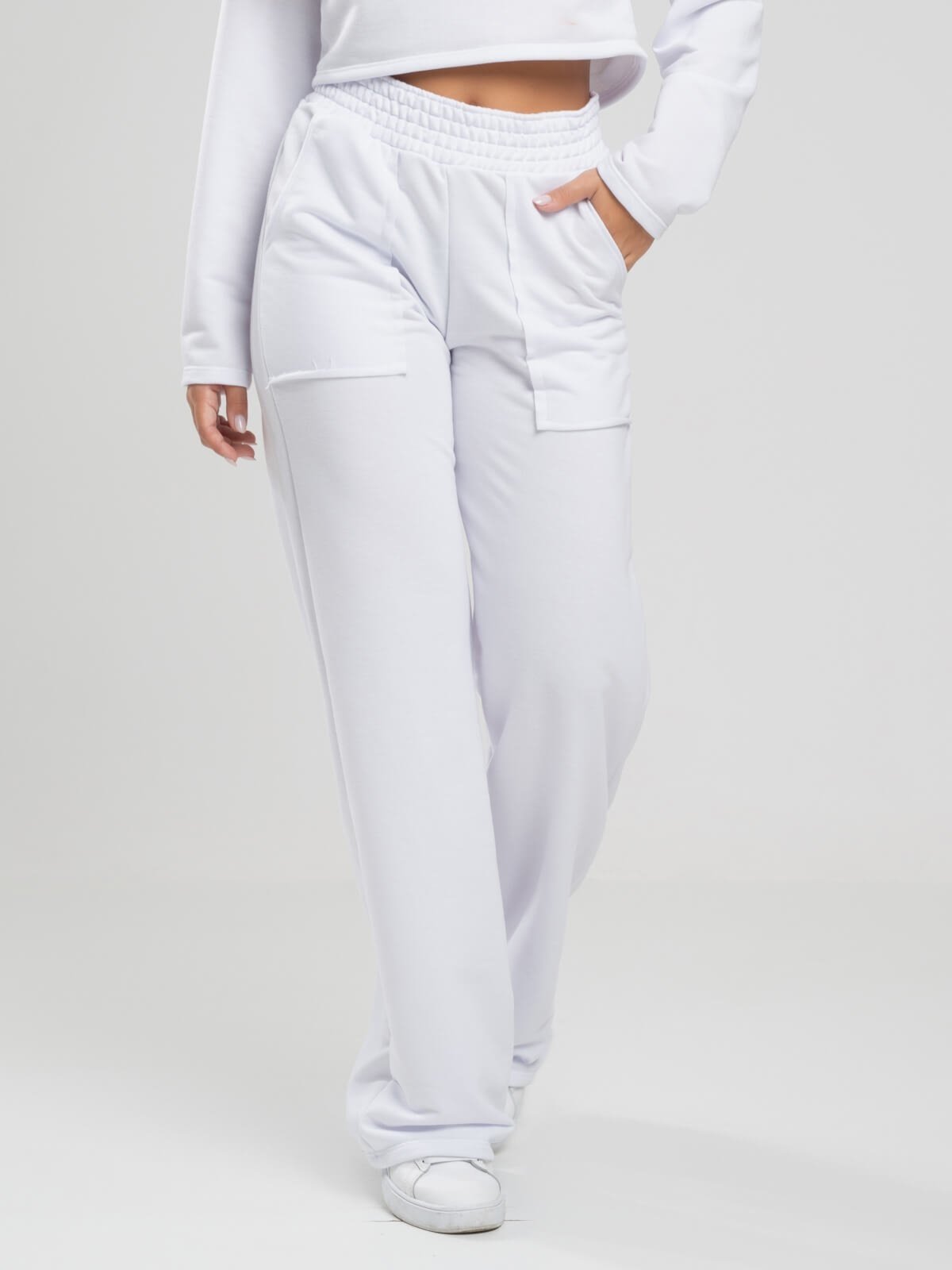 Calça Pantalona Vicbela Cintura Alta Moletinho Wide Leg Branco