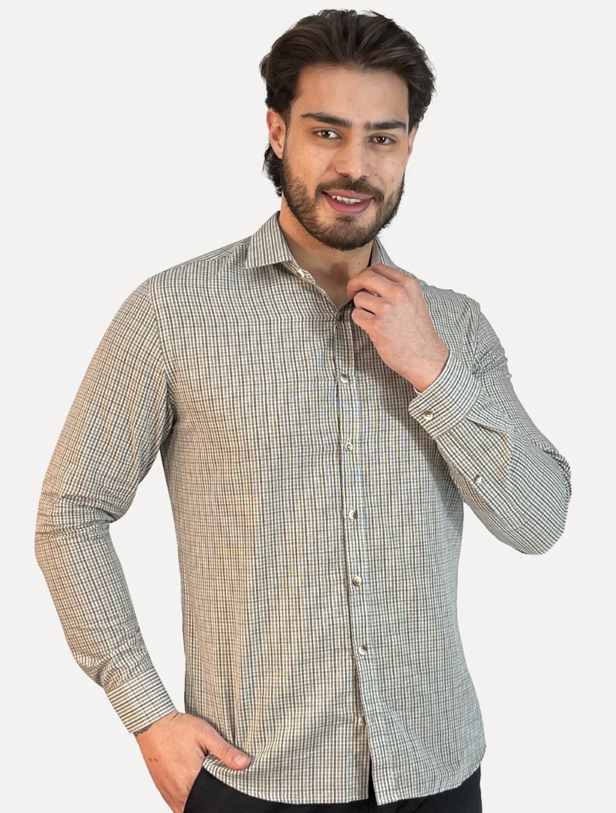 Camisa Dudalina Masculina Comfort Superfine Slim Tricoline Xadrez Mono Logo Escuro