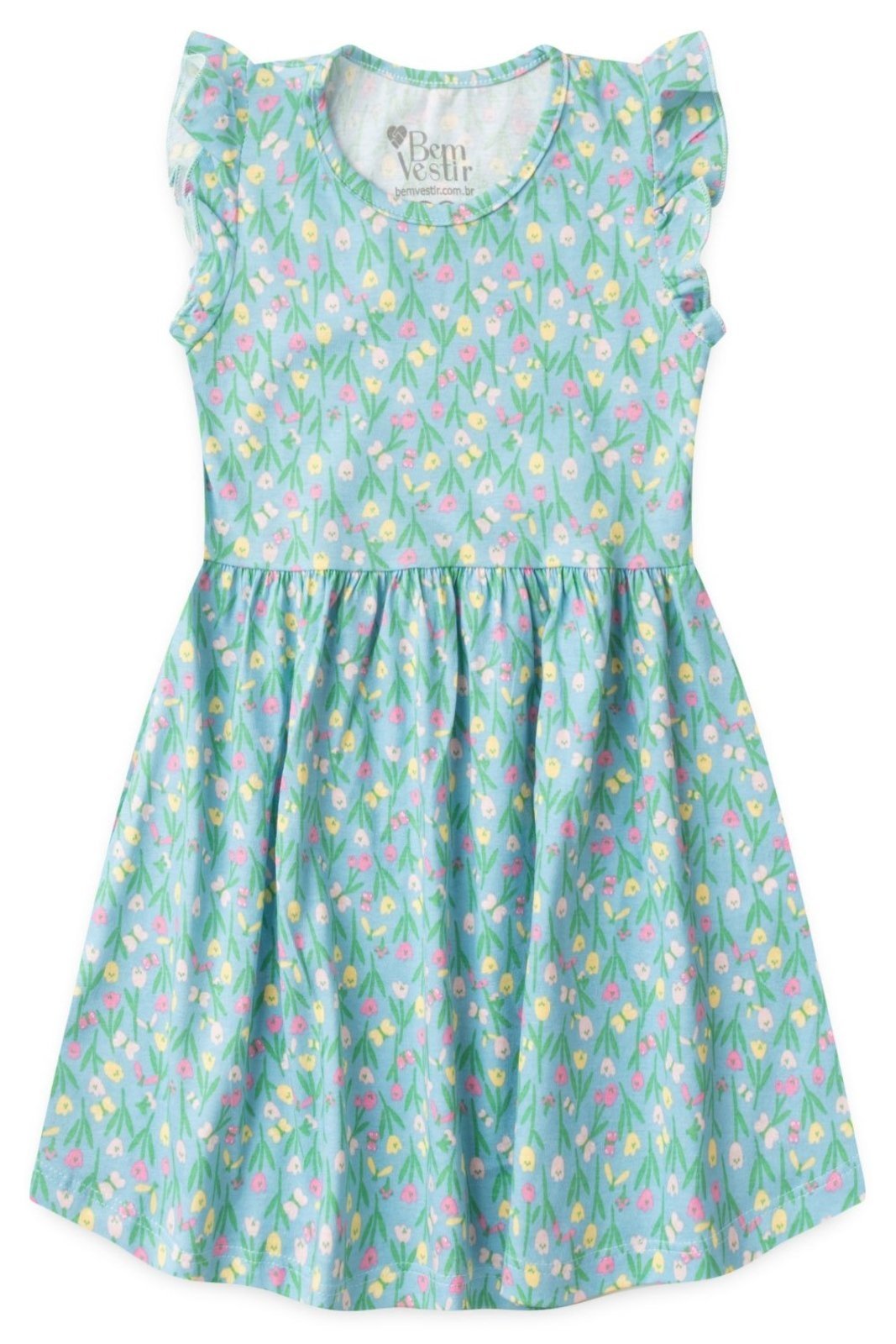 Infantil - Vestido Bem Vestir Manga Curta Feminino Florezinhas Verde