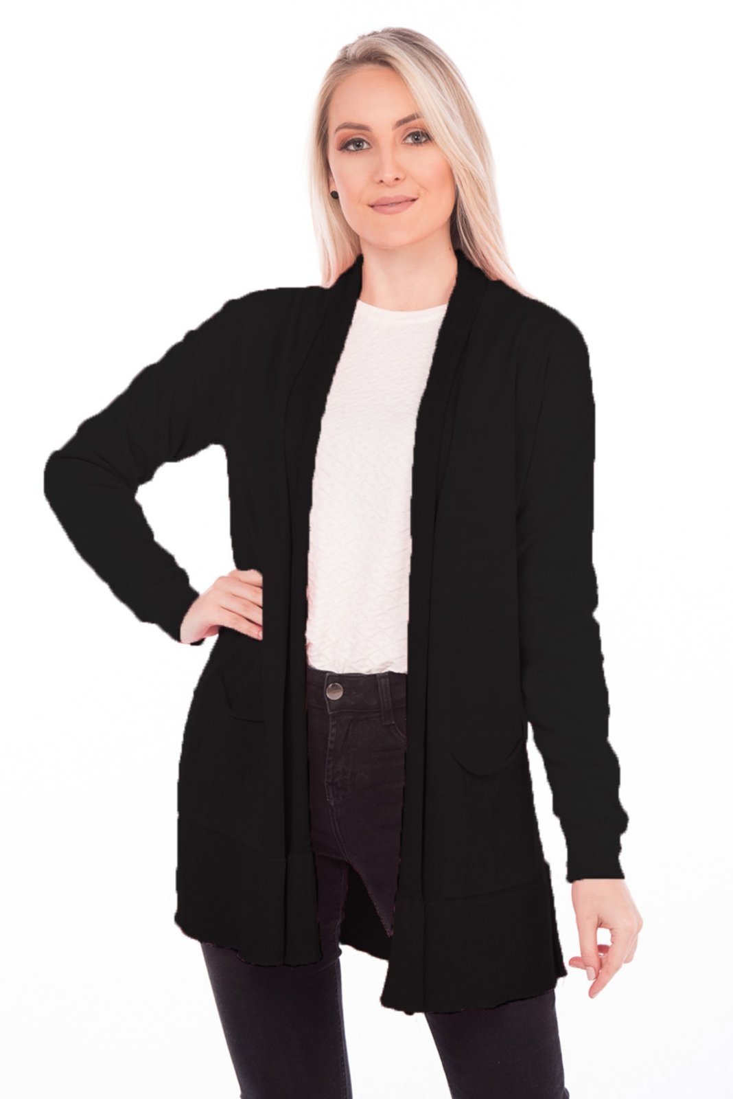 Casaco Tricô Algodão Shirley Malhas Comprido com Bolso Preto