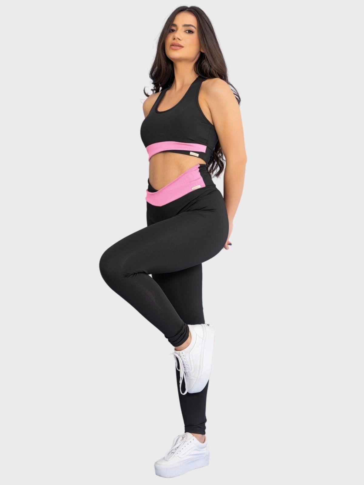 Conjunto Fitness Tarelles Top Calça Legging Transpassado Cintura Alta Preto e Rosa Claro