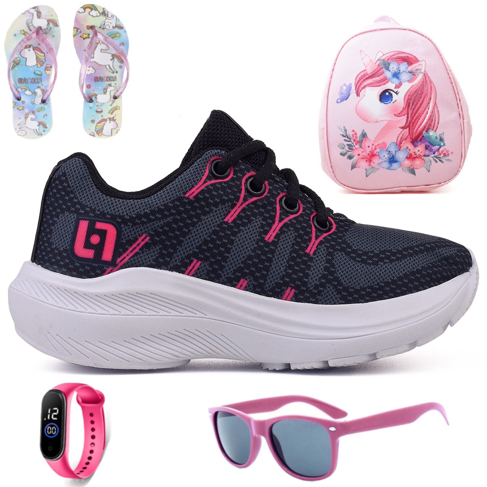 Infantil – Tenis Meninas Casual Escolar Calce Facil Preto + Mochila Chinelo Oculos e Relogio